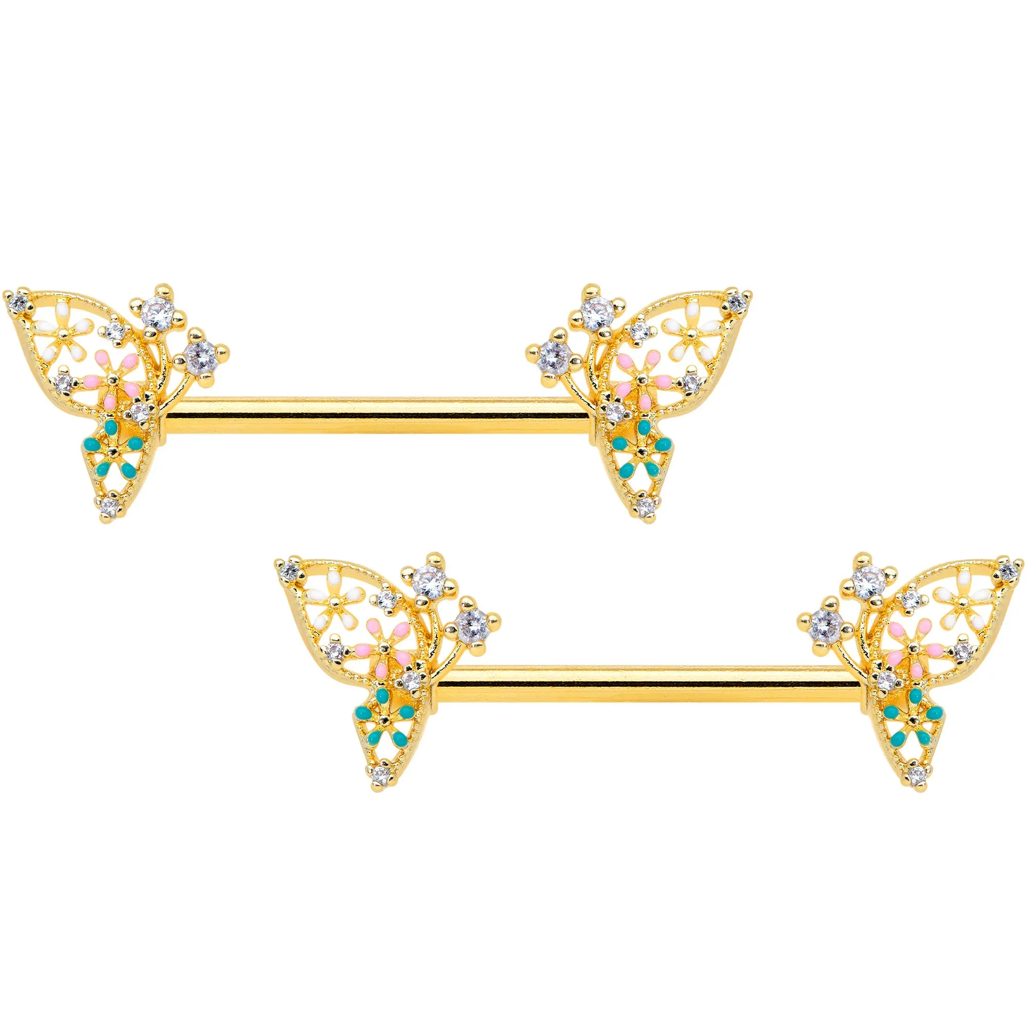 14 Gauge 9/16 Clear CZ Gem Gold Hue Abstract Butterfly Nipple Ring Set