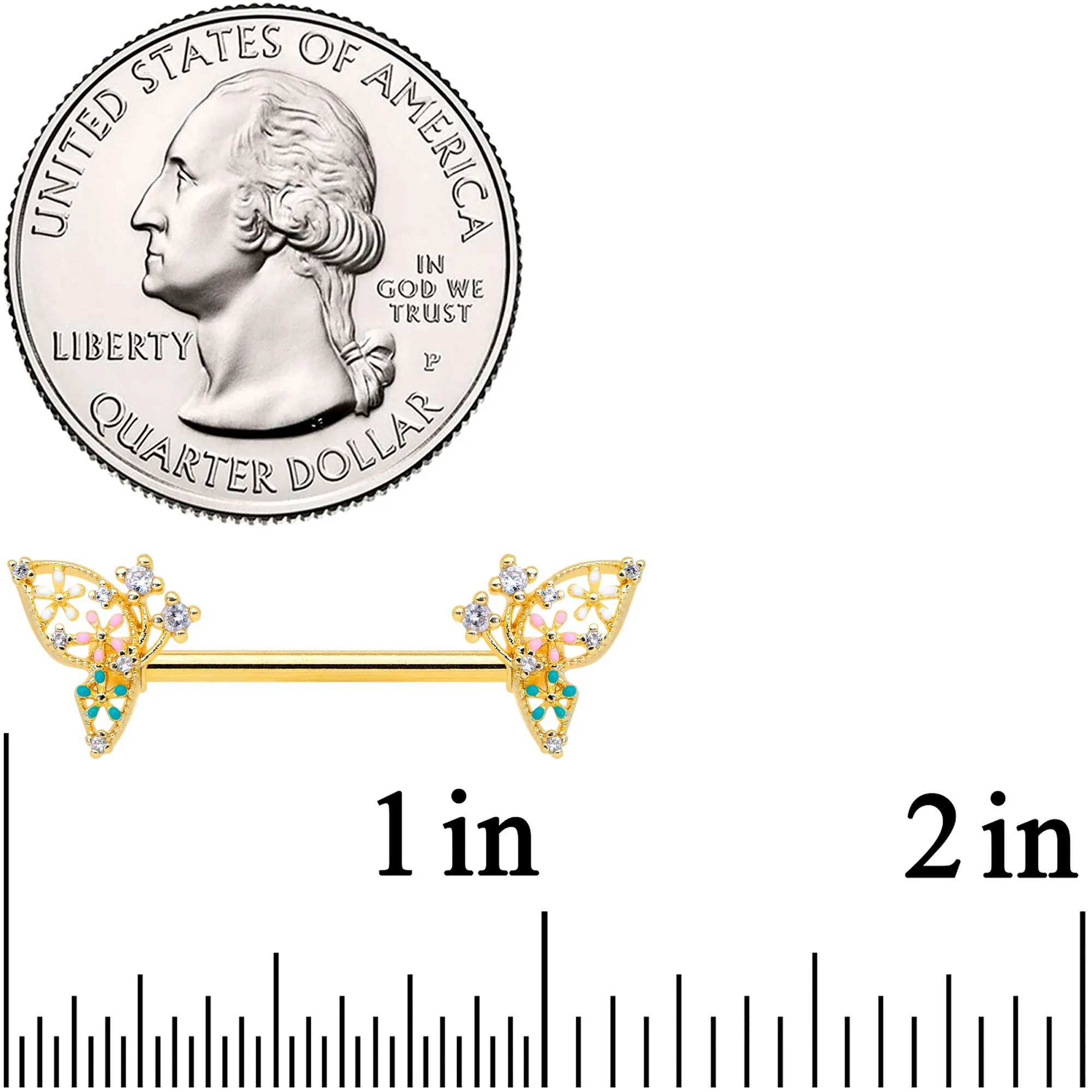 14 Gauge 9/16 Clear CZ Gem Gold Hue Abstract Butterfly Nipple Ring Set
