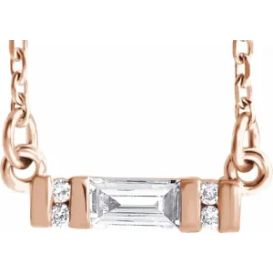 14K Rose 4x2 mm Straight Baguette Forever One Moissanite & .02 CTW Diamond 18" Necklace