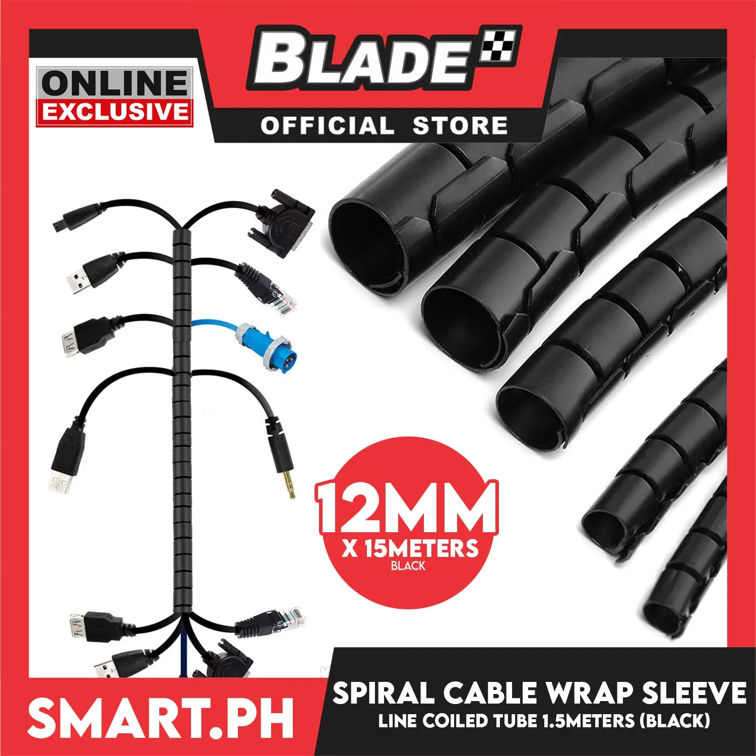 1.5m Cable Coiled Tube Sleeve Spiral Wrap Wire Organizer Holder Cord Management 12mm (Black)