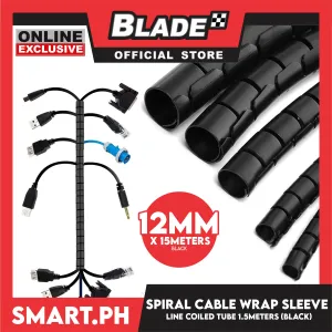 1.5m Cable Coiled Tube Sleeve Spiral Wrap Wire Organizer Holder Cord Management 12mm (Black)