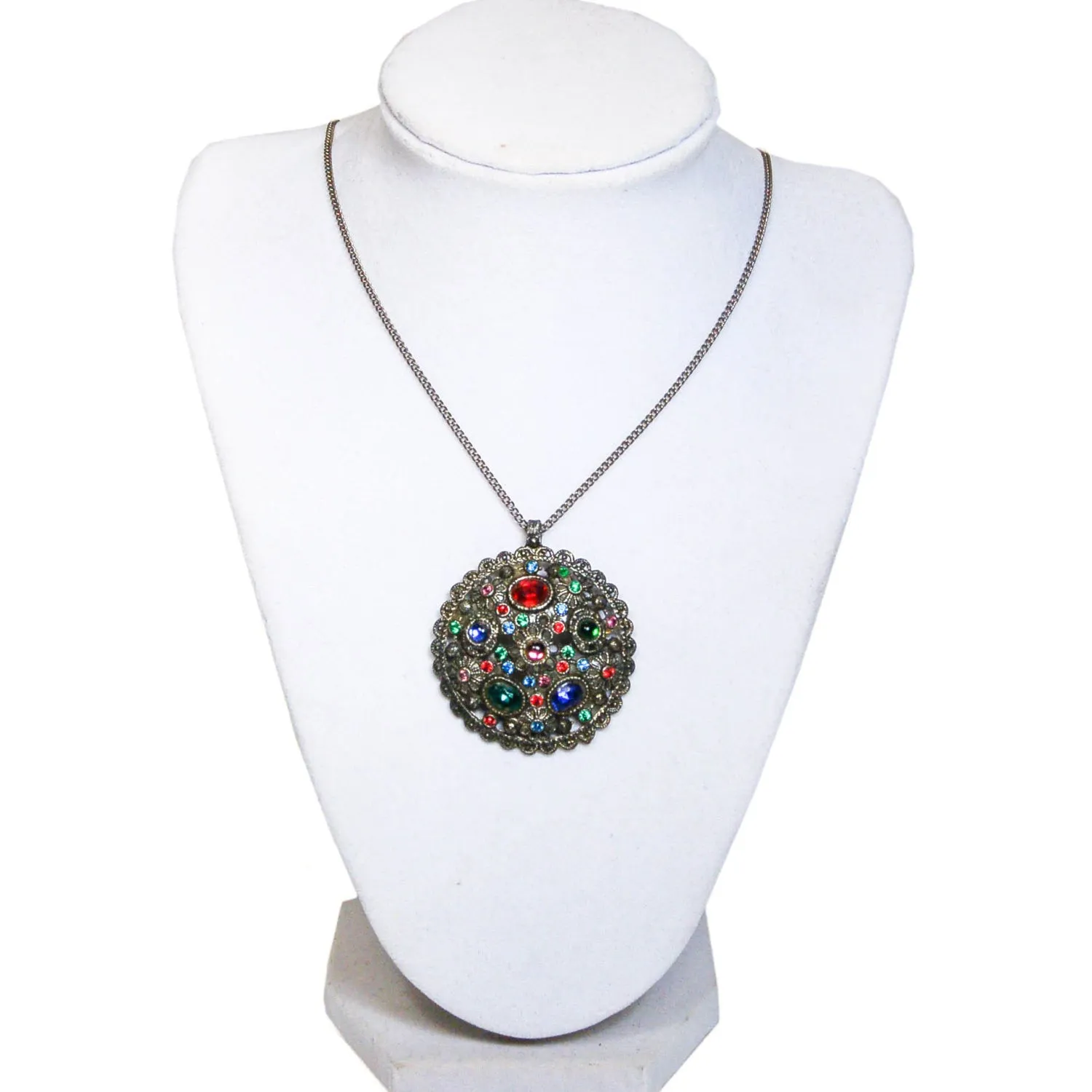 1930's Colorful Stained Glass Style Necklace Pendant by New England Glass