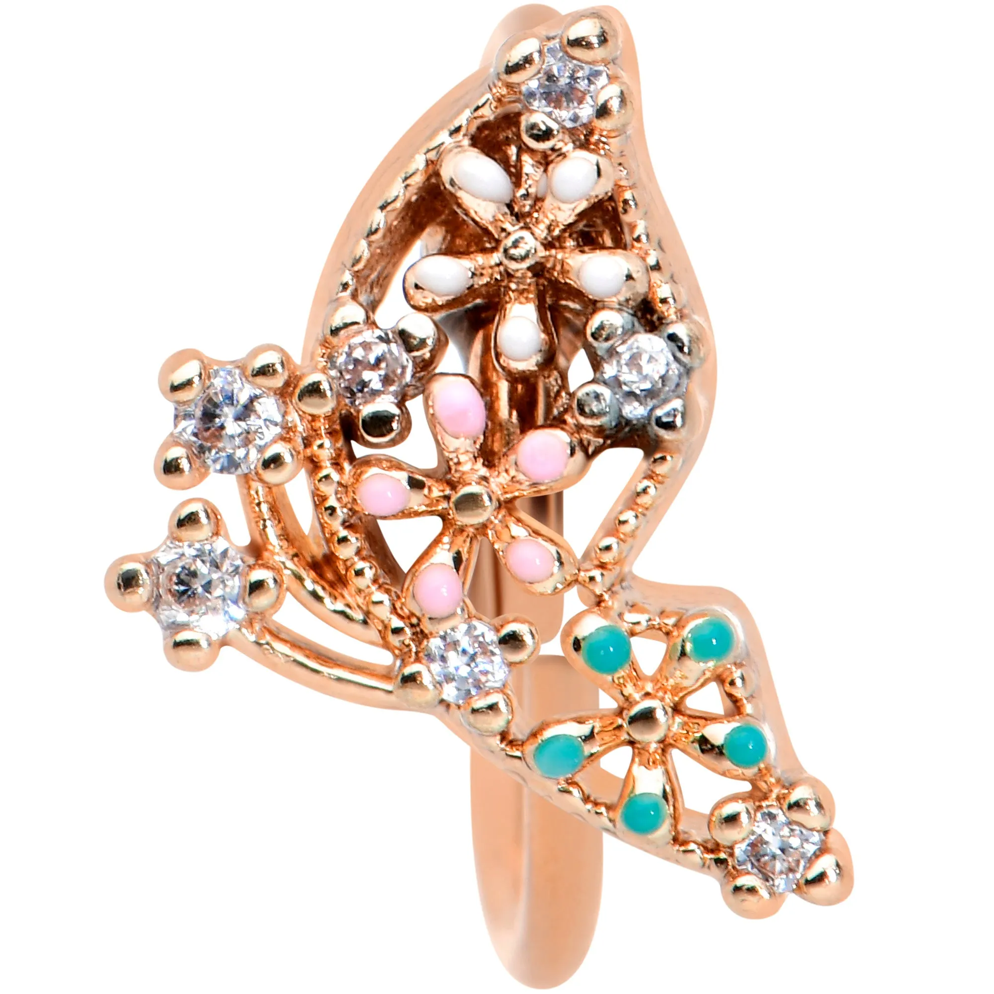 20 Gauge 5/16 Clear CZ Gem Rose Gold Hue Abstract Butterfly Nose Hoop
