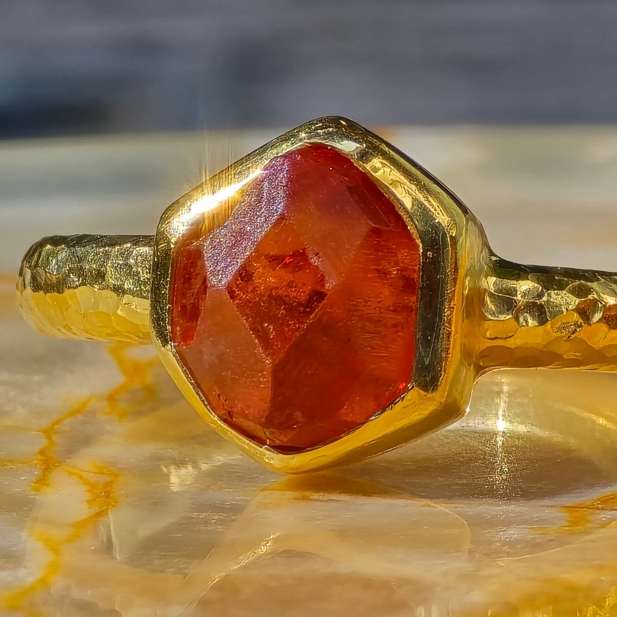 22K Yellow Gold Hammered Spessartite Garnet Crystal Ring
