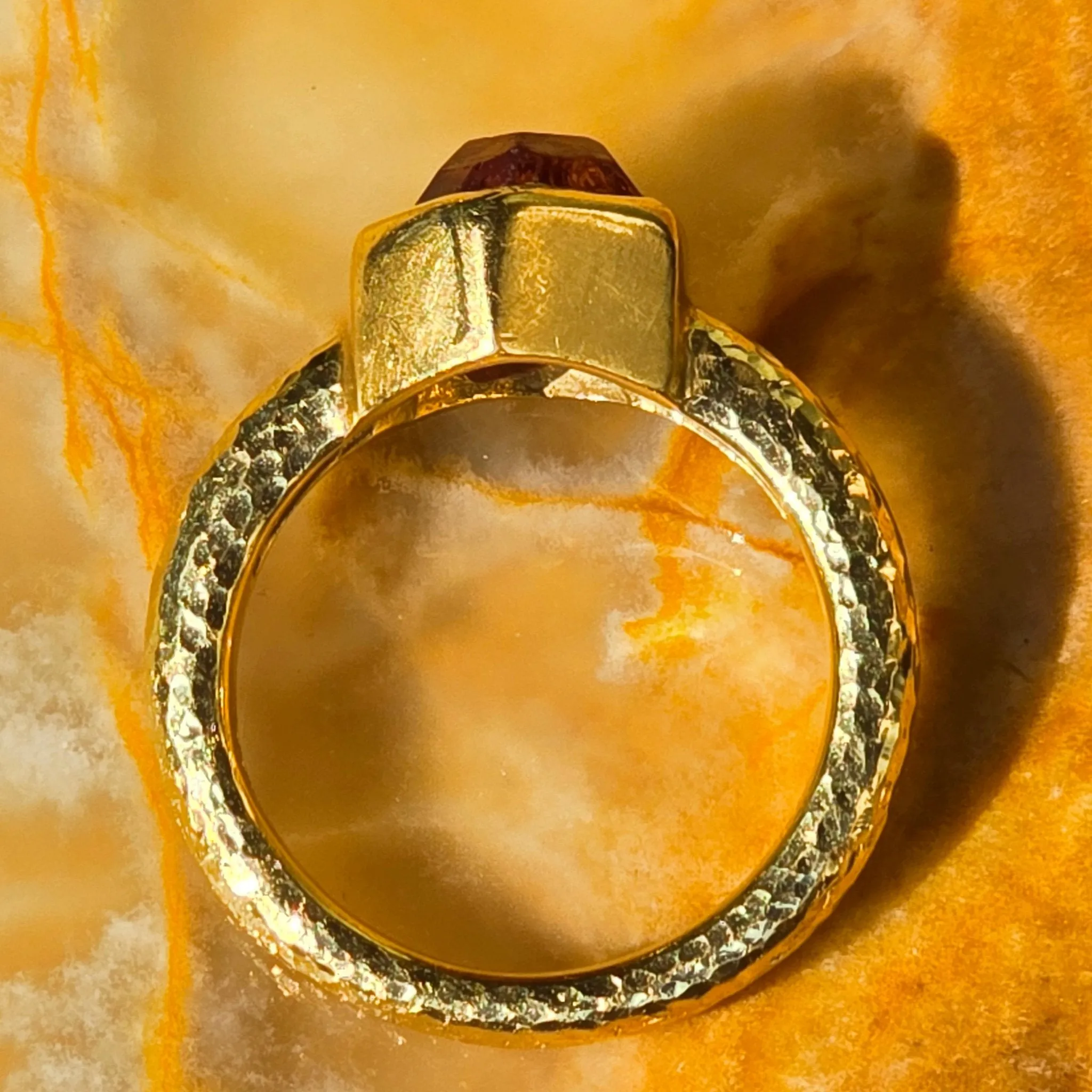 22K Yellow Gold Hammered Spessartite Garnet Crystal Ring