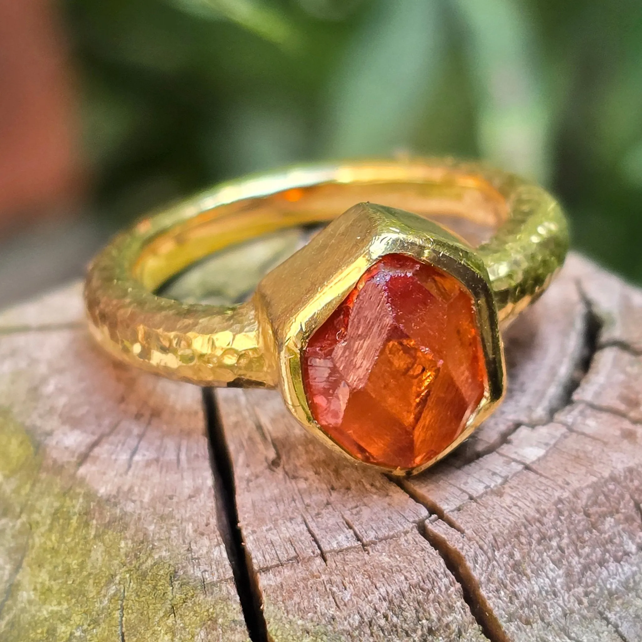 22K Yellow Gold Hammered Spessartite Garnet Crystal Ring