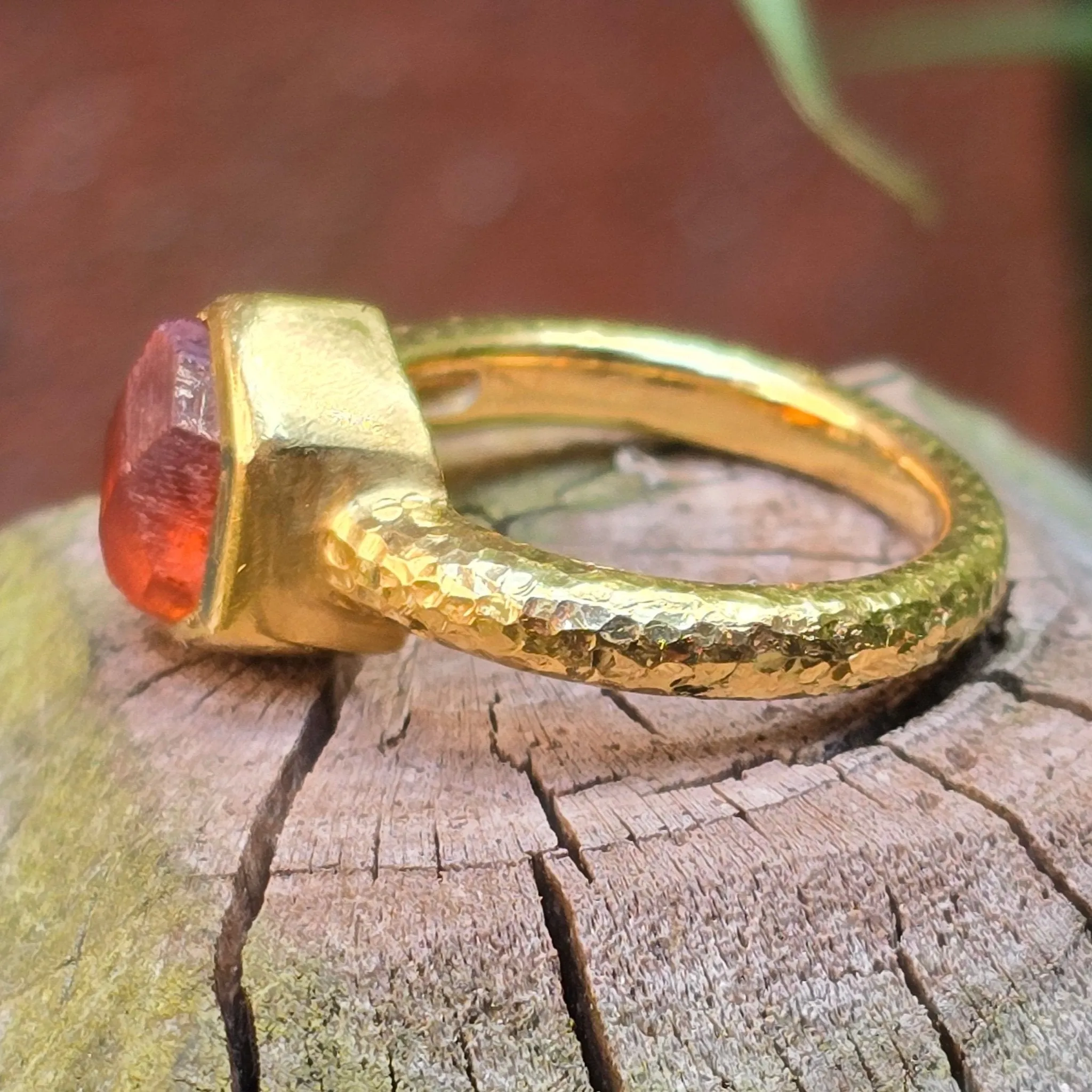 22K Yellow Gold Hammered Spessartite Garnet Crystal Ring