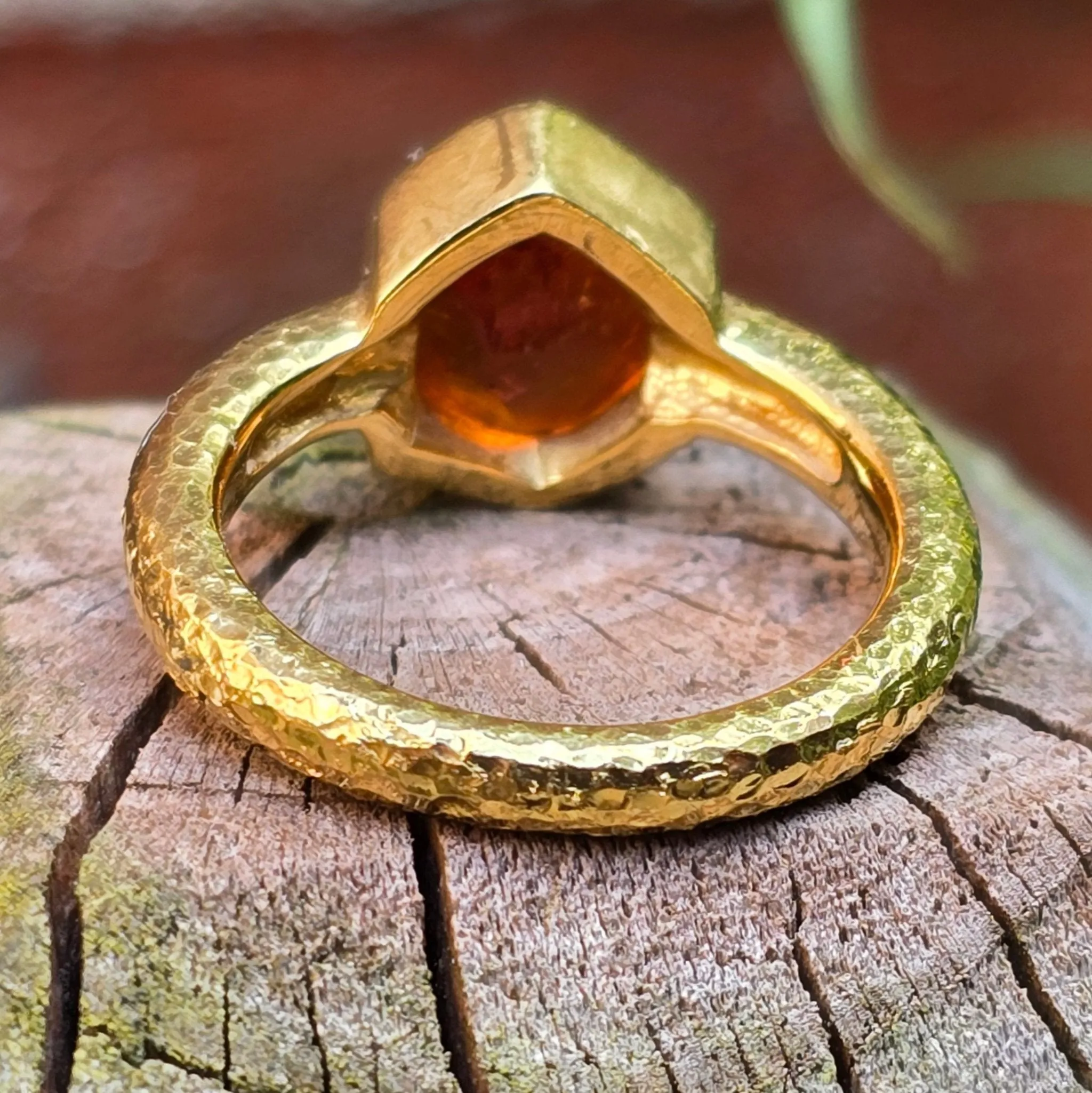 22K Yellow Gold Hammered Spessartite Garnet Crystal Ring