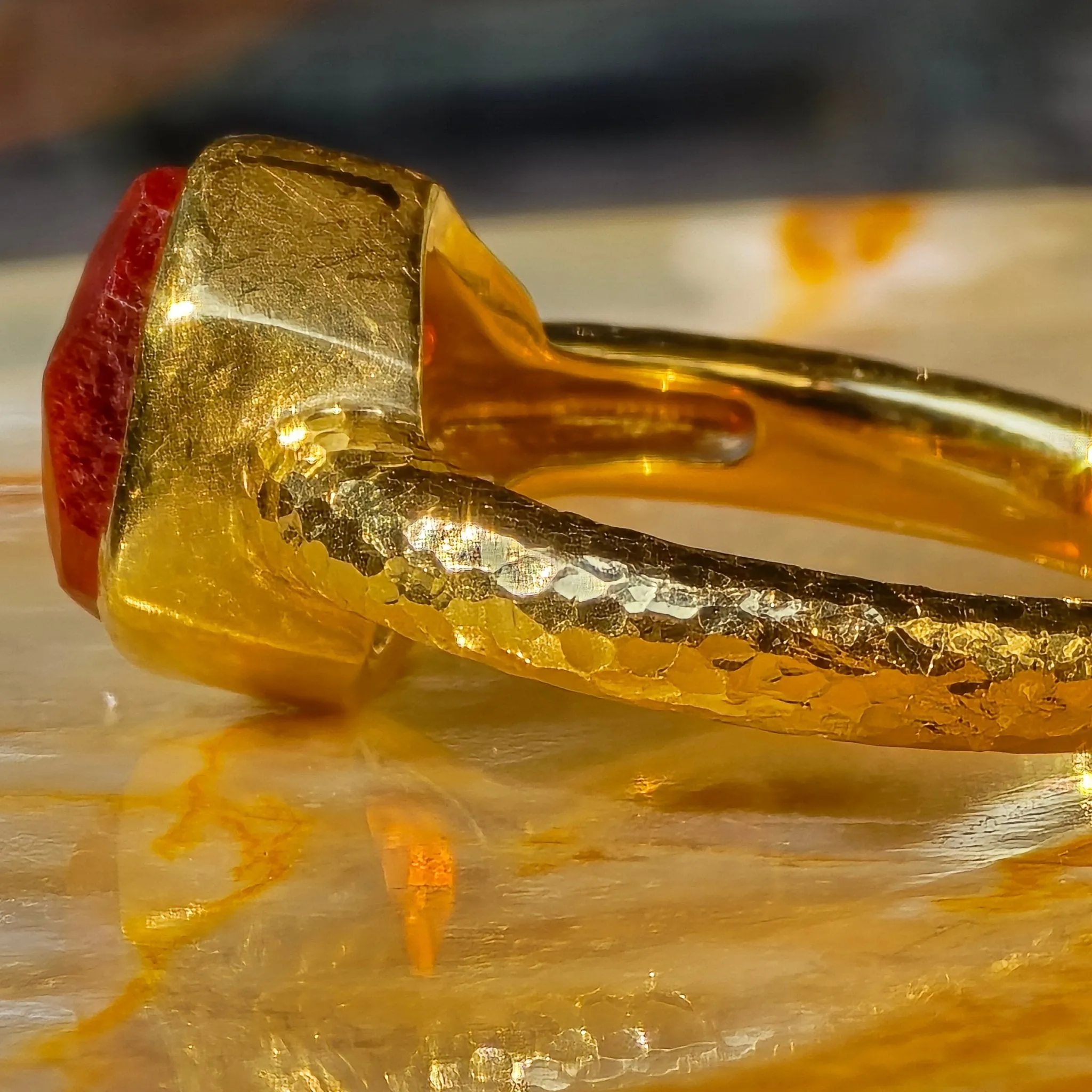 22K Yellow Gold Hammered Spessartite Garnet Crystal Ring