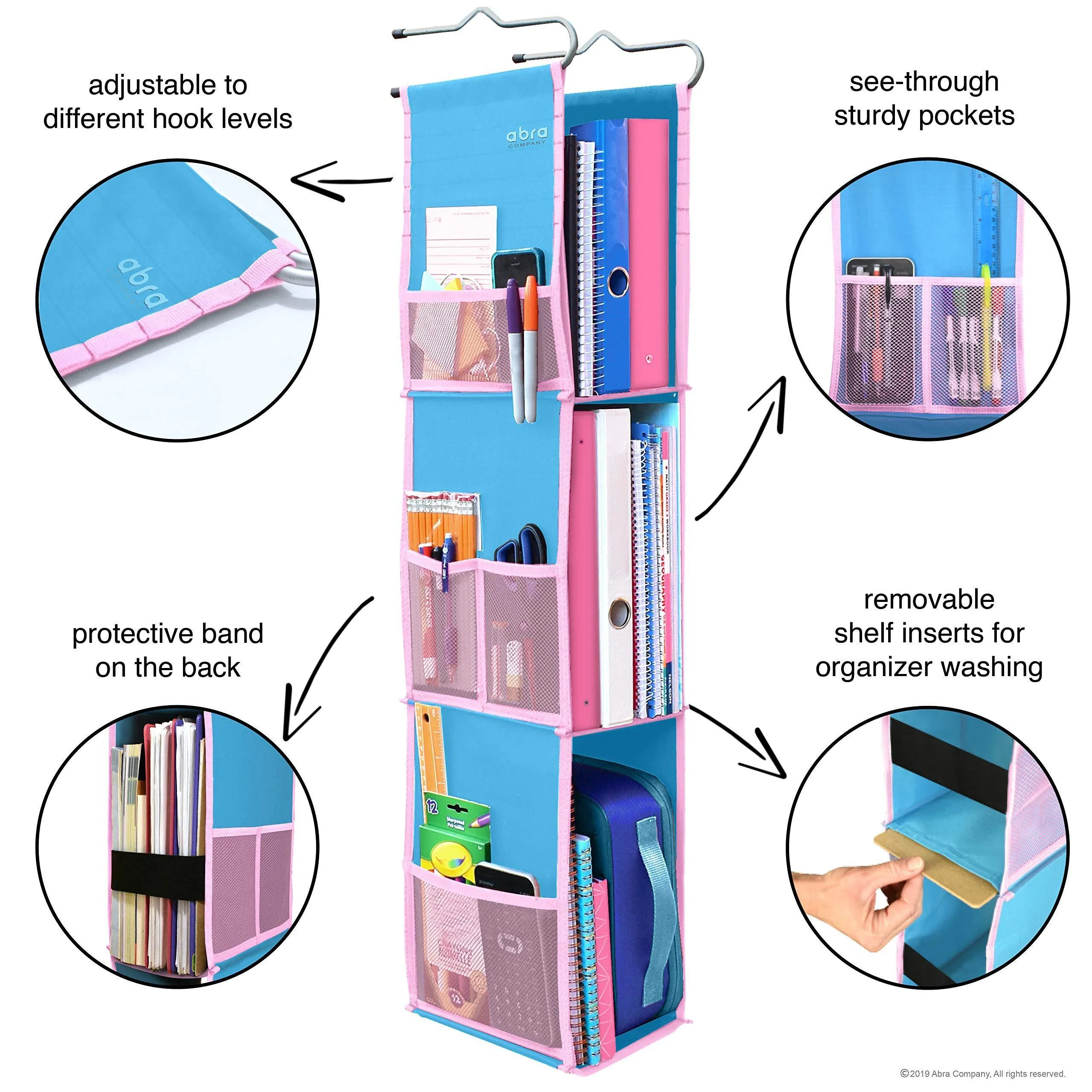 3 Shelf Hanging Locker Organizer for School, Gym, Work, Storage - Upgraded | Abra Company | Eco-Friendly Fabric Healthy for Children | Adjustable School Locker Shelf from 3 to 2 Shelves (Blue/Pink)