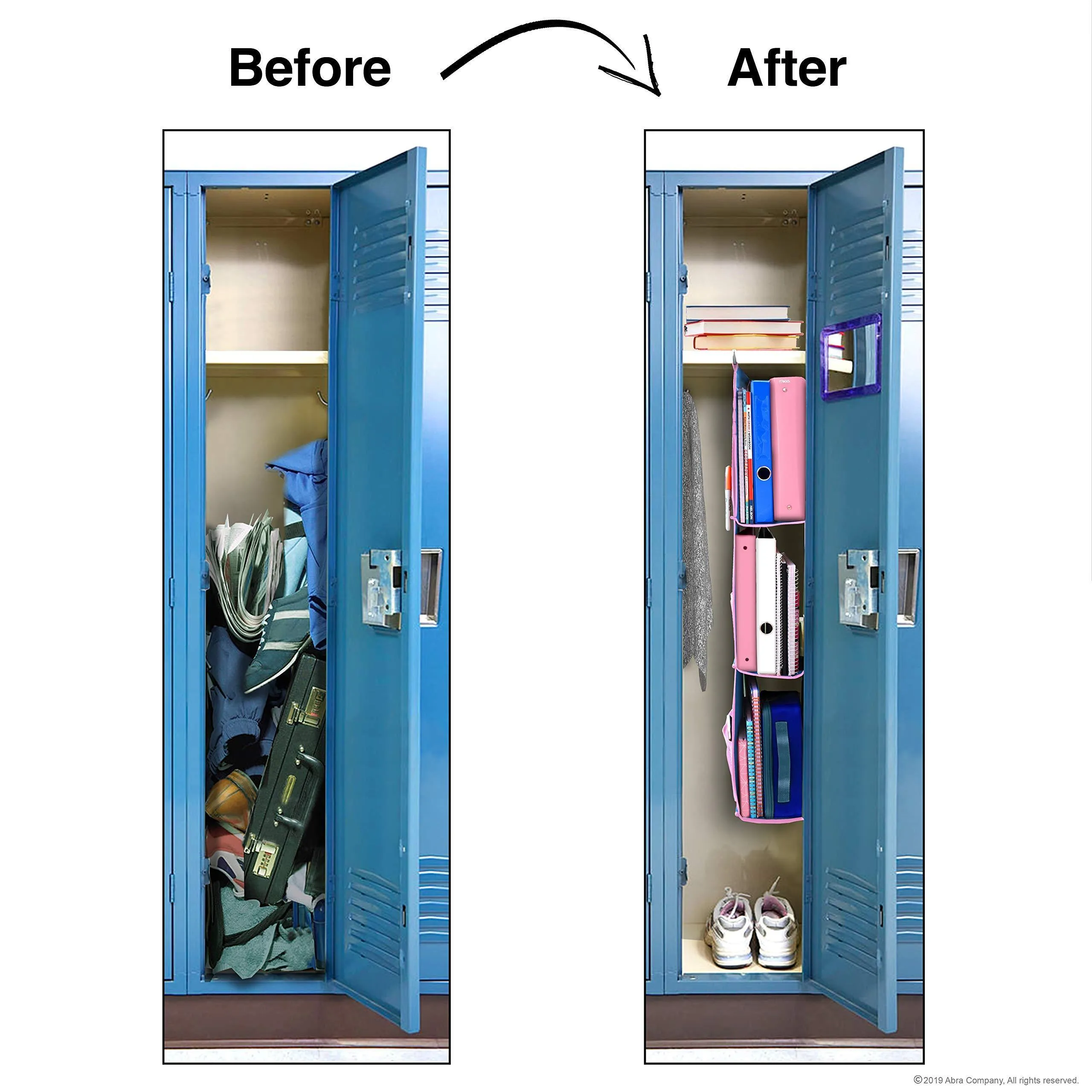 3 Shelf Hanging Locker Organizer for School, Gym, Work, Storage - Upgraded | Abra Company | Eco-Friendly Fabric Healthy for Children | Adjustable School Locker Shelf from 3 to 2 Shelves (Blue/Pink)