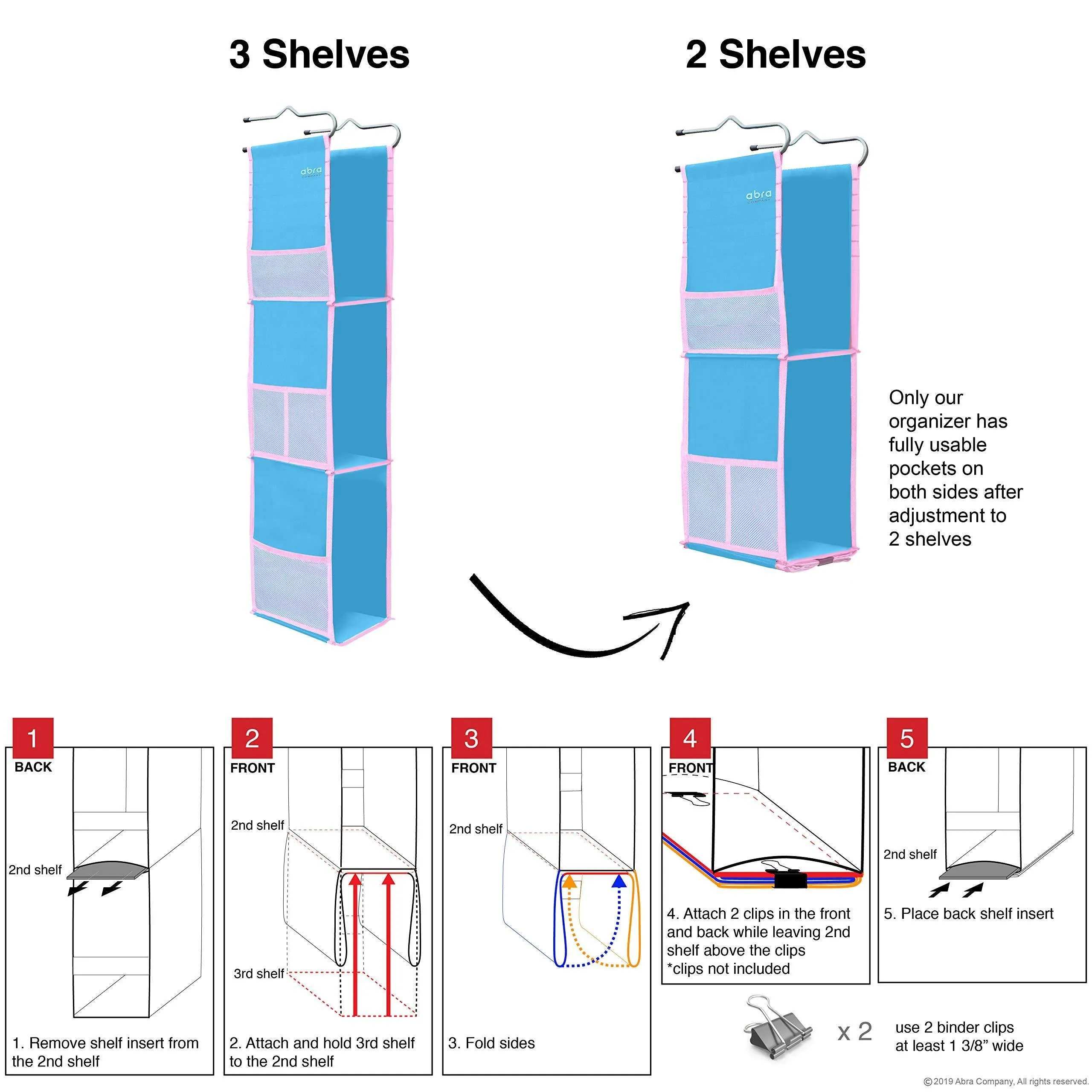 3 Shelf Hanging Locker Organizer for School, Gym, Work, Storage - Upgraded | Abra Company | Eco-Friendly Fabric Healthy for Children | Adjustable School Locker Shelf from 3 to 2 Shelves (Blue/Pink)