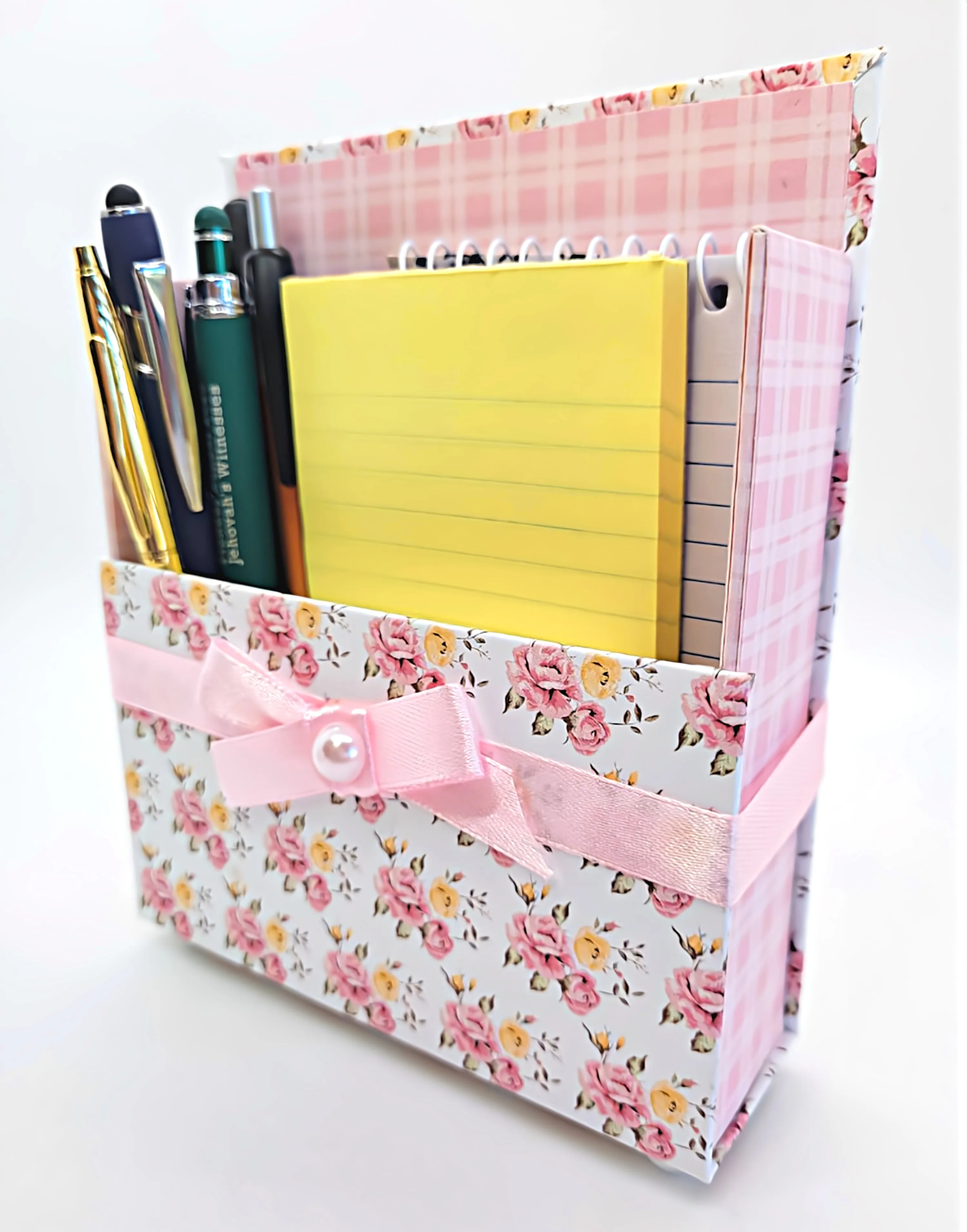 42-Pc Stationery Gift Box Set w/Reusable Desktop Organizer Box and Gold Pen - Pink & Yellow Posies