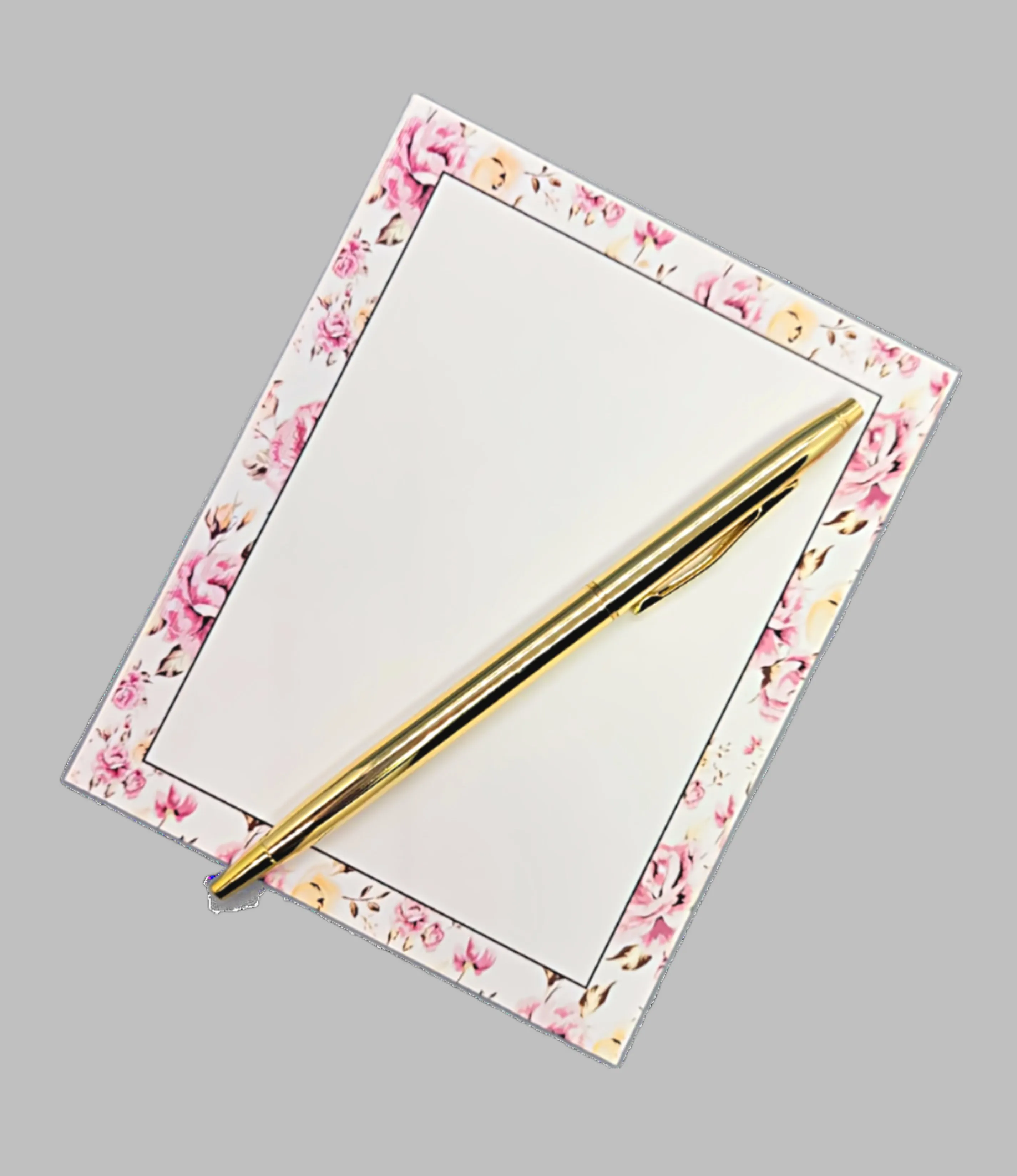 42-Pc Stationery Gift Box Set w/Reusable Desktop Organizer Box and Gold Pen - Pink & Yellow Posies