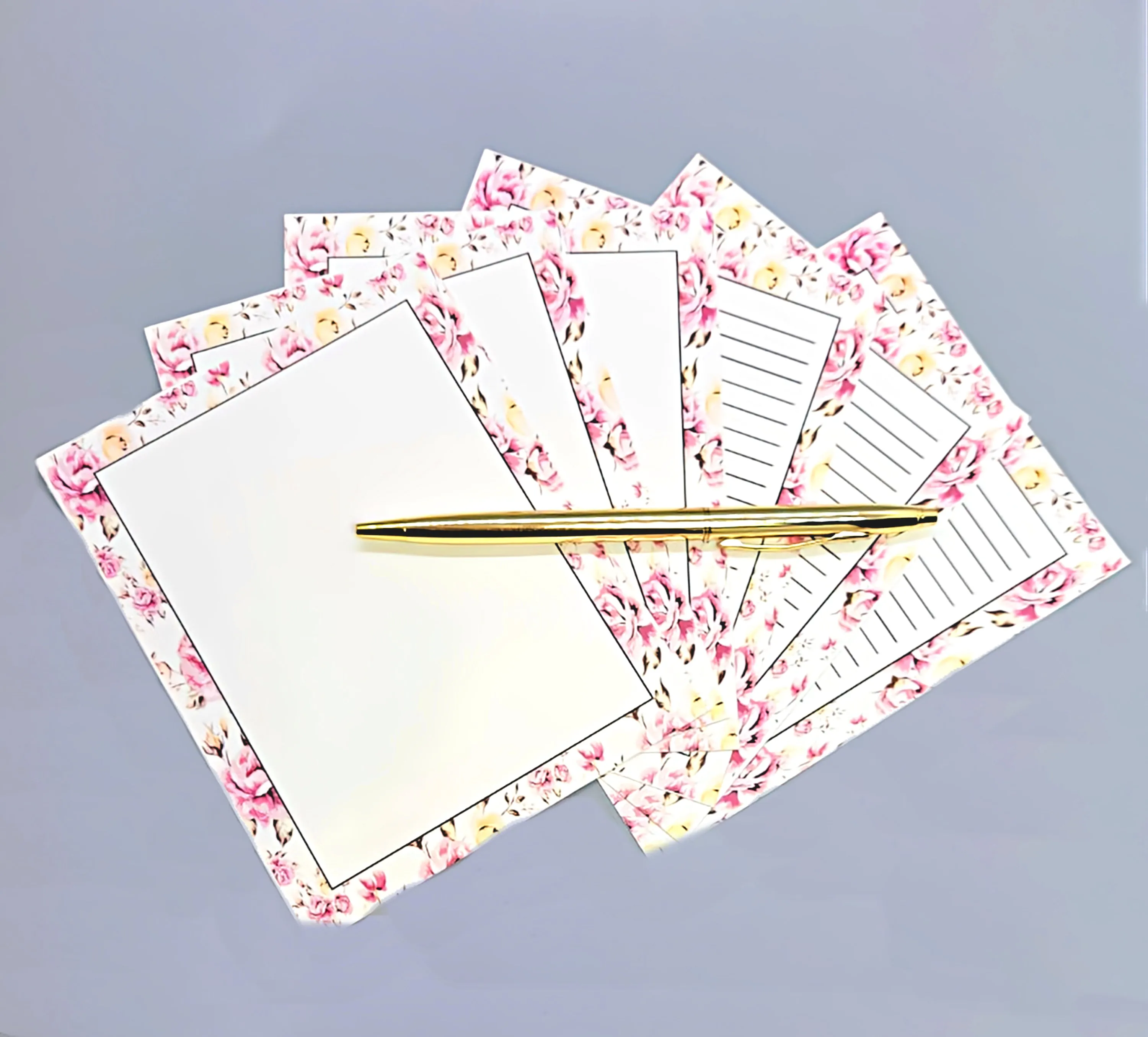 42-Pc Stationery Gift Box Set w/Reusable Desktop Organizer Box and Gold Pen - Pink & Yellow Posies