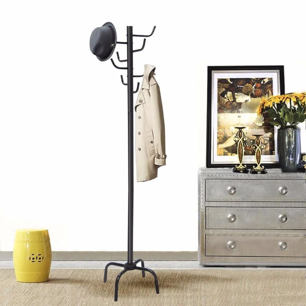70" Metal Coat Hat Rack Standing Clothes Jacket Hanger Hall Tree Stand With 8 Hooks Modern Living