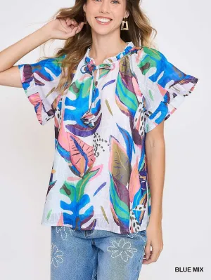 Abstract Print Top with Flutter Sleeves