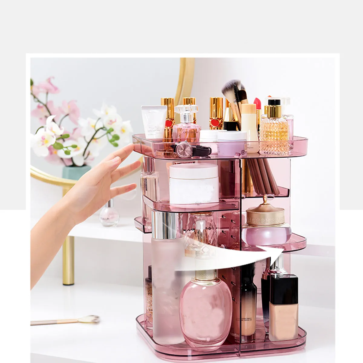 Adjustable 360 Rotating Makeup Jewelry Box Square Storage Rack Organizer Stand Display