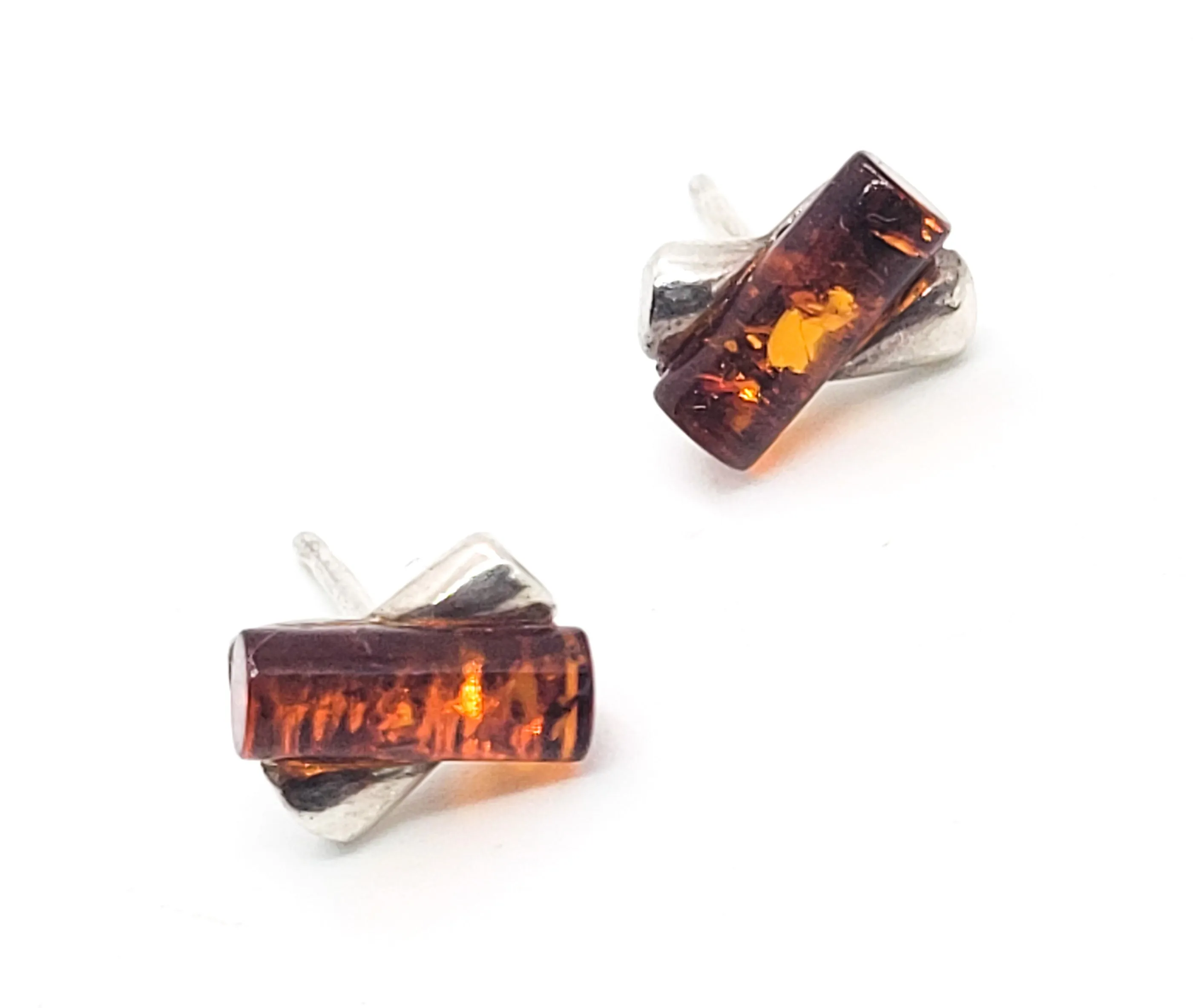 Amber sterling silver X abstract stud post earrings