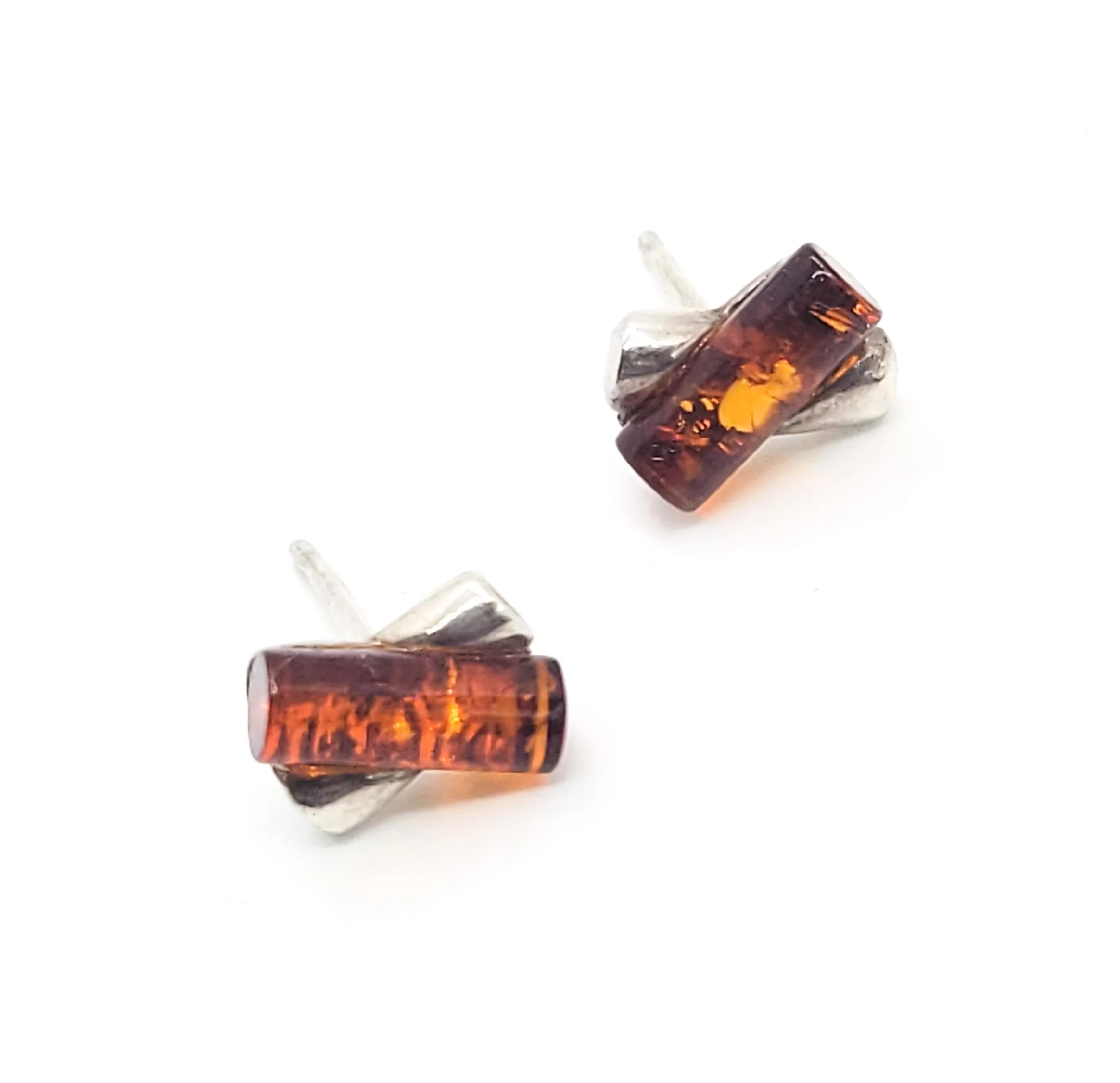Amber sterling silver X abstract stud post earrings