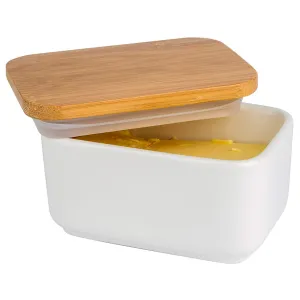 Arswin Butter Dish with Lid, Porcelain Keeper with Airtight Bamboo Cover, Covered Butter Container for Kitchen Countertop and Refrigerator, Easy Clean Heat Resistant White Prime Sales Day Deal (300ml)