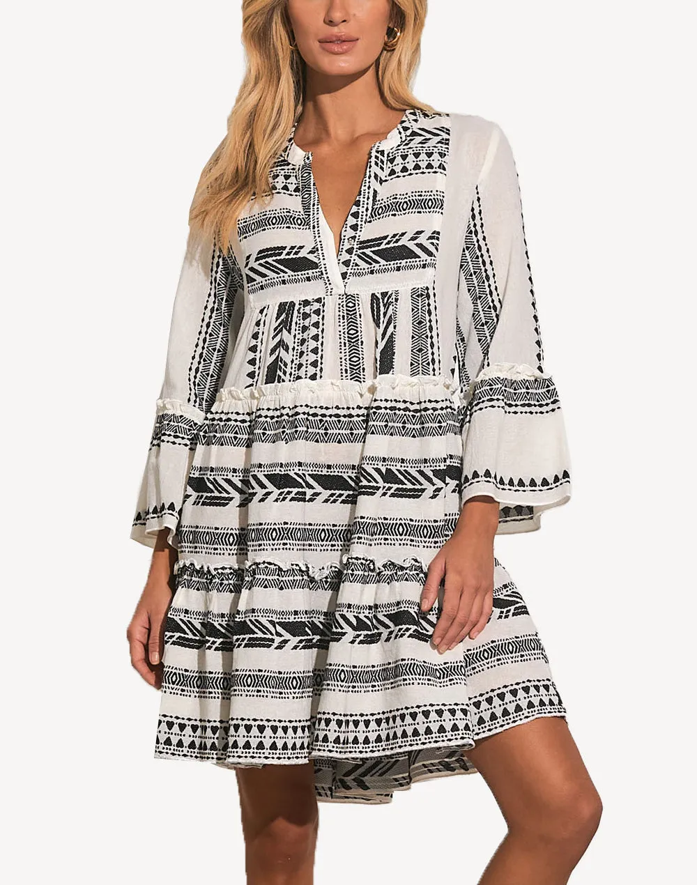 Aztec A Line Long Sleeve Short Dress