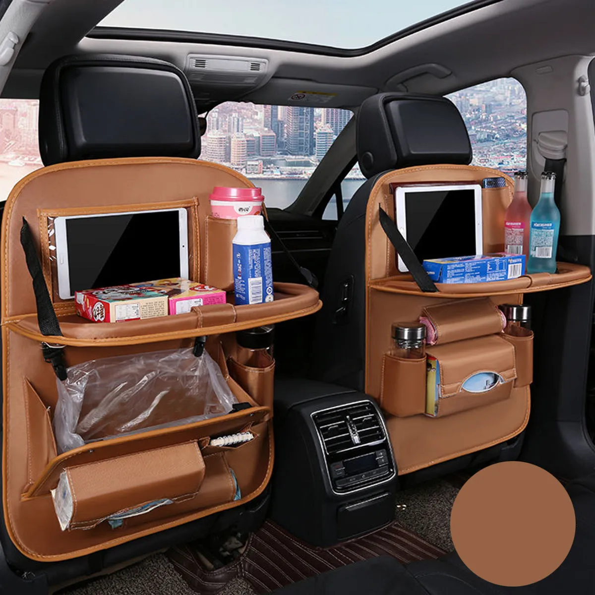Backseat Organizer With Tablet Holder PU Leather, Custom Fit For Your Cars, Backseat Car Organizer, Car Seat Back Protectors Kick With Foldable Table Tray Car Seat Organizer, Car Accessories MB15987