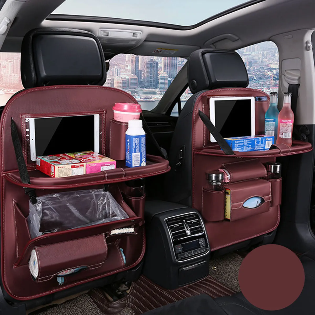 Backseat Organizer With Tablet Holder PU Leather, Custom Fit For Your Cars, Backseat Car Organizer, Car Seat Back Protectors Kick With Foldable Table Tray Car Seat Organizer, Car Accessories MB15987