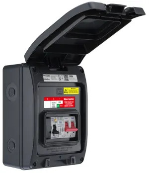 BG CP5MRDPS1G 5 Module IP66 Weatherproof Grey Plastic EV Charger Circuit Protection with 100A Main Switch, 40A 30mA Type A DP RCBO & Type 2 SPD