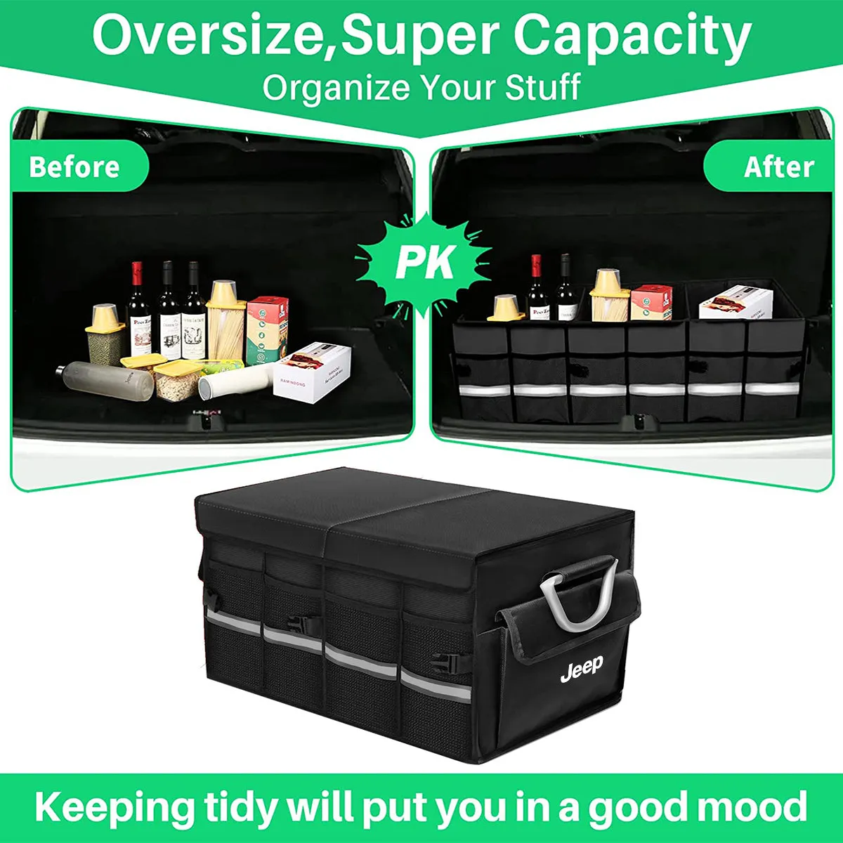 Big Trunk Organizer, Cargo Organizer SUV Trunk Storage Waterproof Collapsible Durable Multi Compartments JE12994