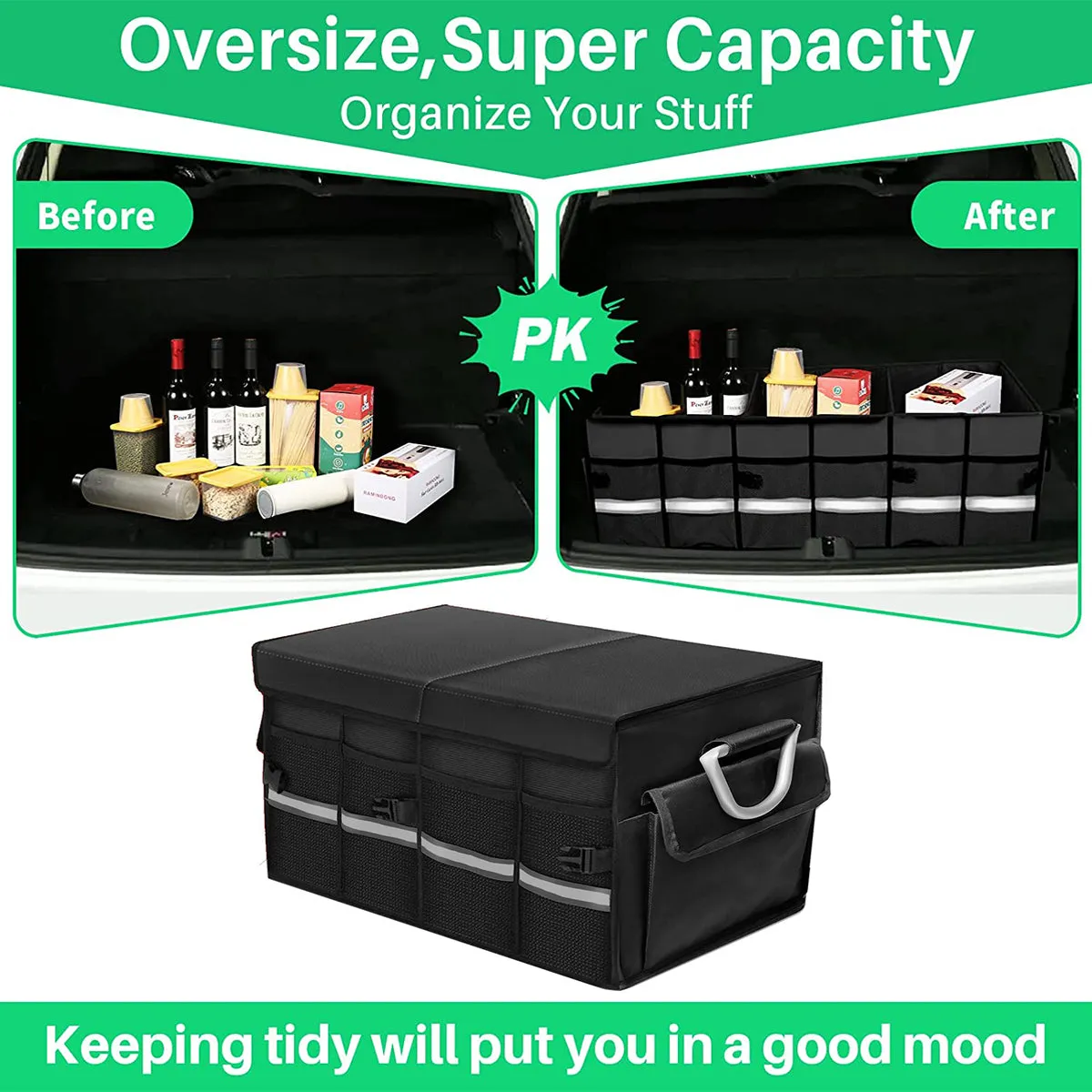 Big Trunk Organizer, Cargo Organizer SUV Trunk Storage Waterproof Collapsible Durable Multi Compartments JE12994