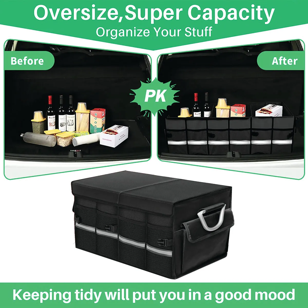 Big Trunk Organizer, Custom-Fit For Car, Cargo Organizer SUV Trunk Storage Waterproof Collapsible Durable Multi Compartments WaWQ253