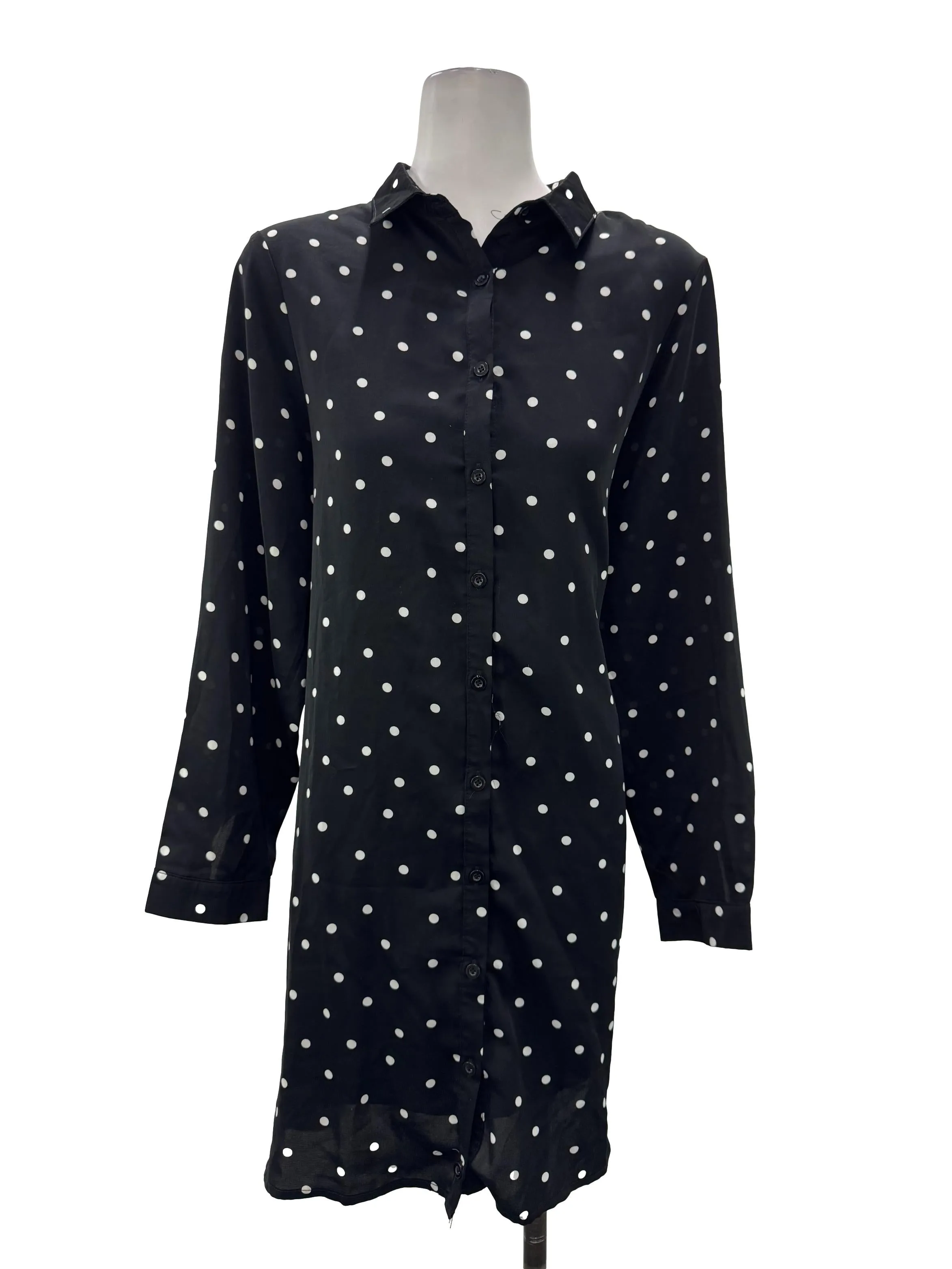 Black Polka Dot Button Down Long Sleeve Shirt Dress