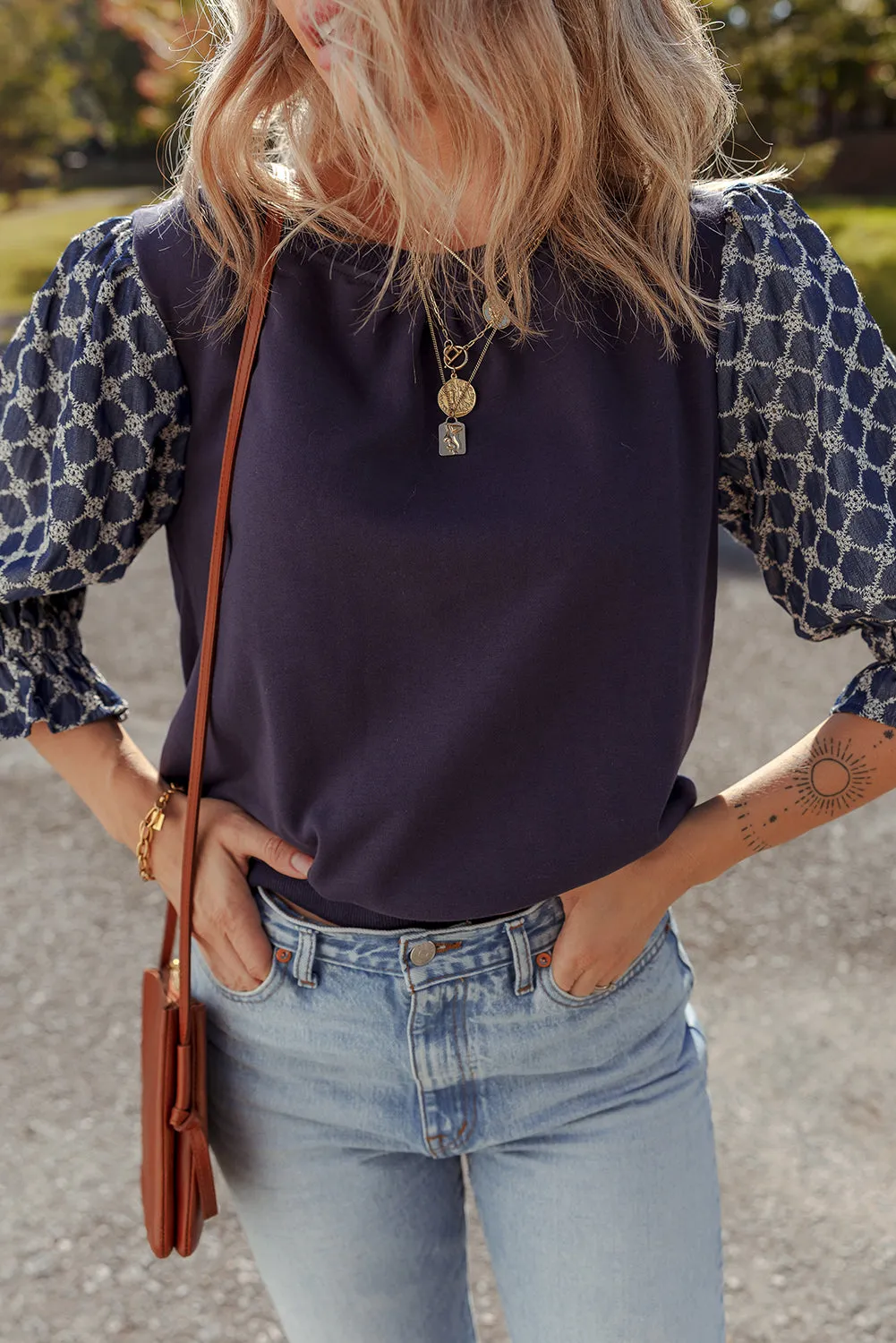 Blue Bow Decor Geometric Print 3/4 Sleeve Patchwork Blouse