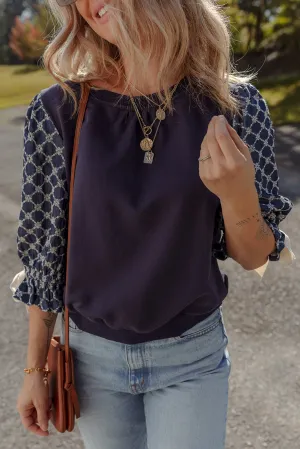 Blue Bow Decor Geometric Print 3/4 Sleeve Patchwork Blouse