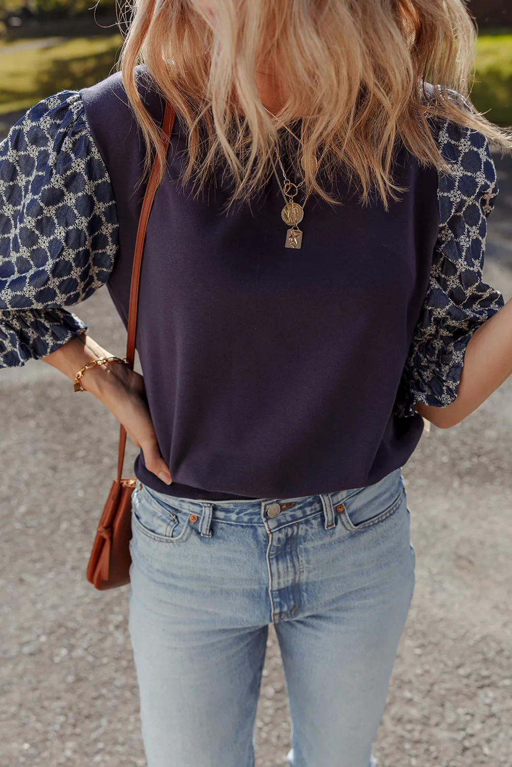 Blue Bow Decor Geometric Print 3/4 Sleeve Patchwork Blouse
