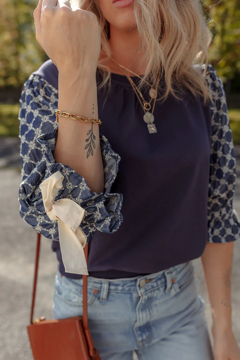 Blue Bow Decor Geometric Print 3/4 Sleeve Patchwork Blouse