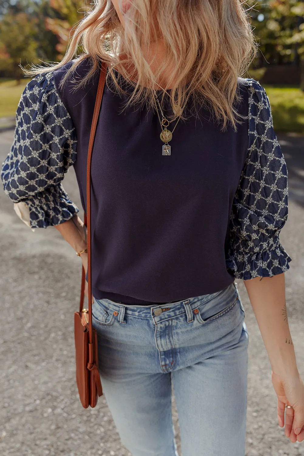 Blue Bow Decor Geometric Print 3/4 Sleeve Patchwork Blouse