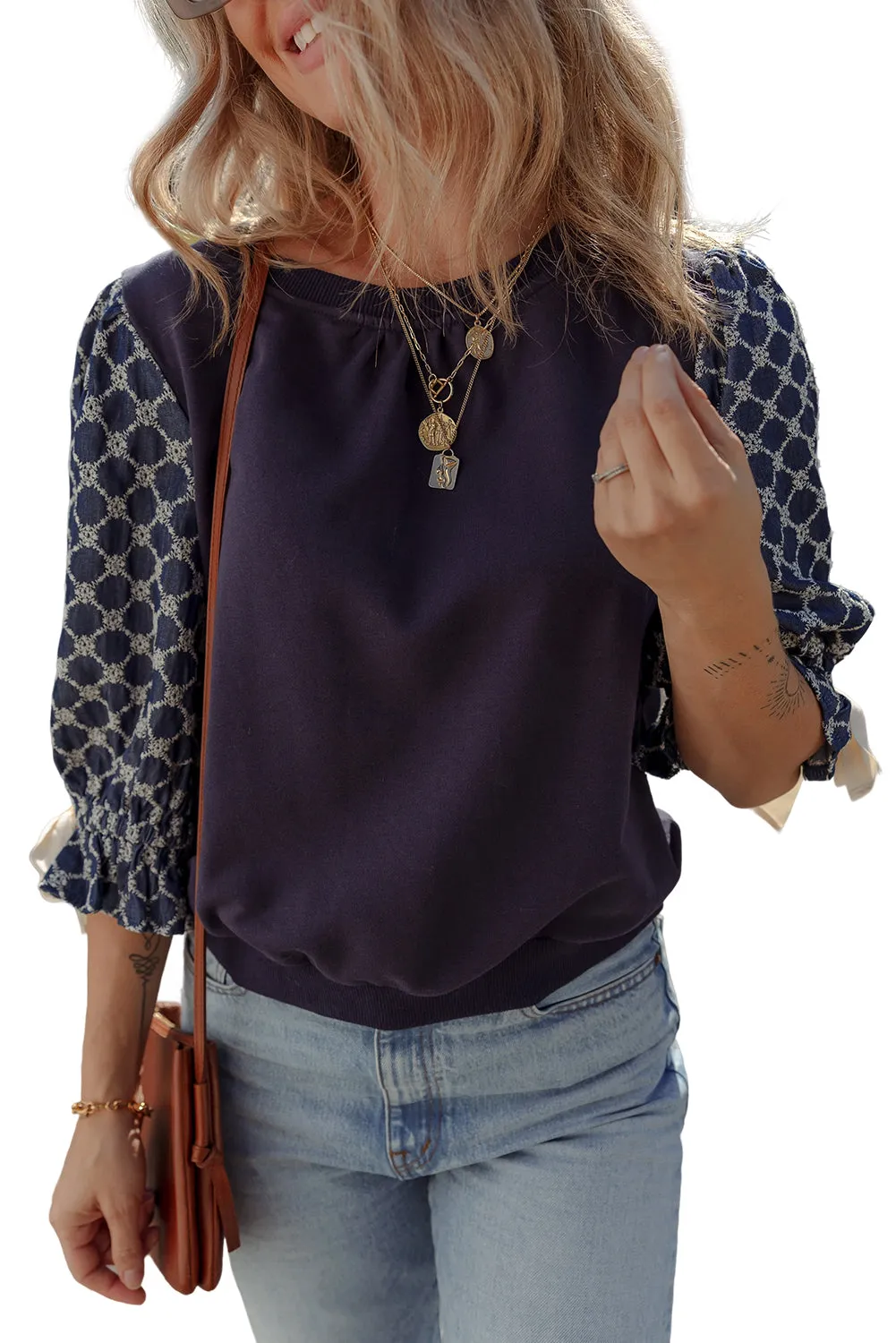 Blue Bow Decor Geometric Print 3/4 Sleeve Patchwork Blouse