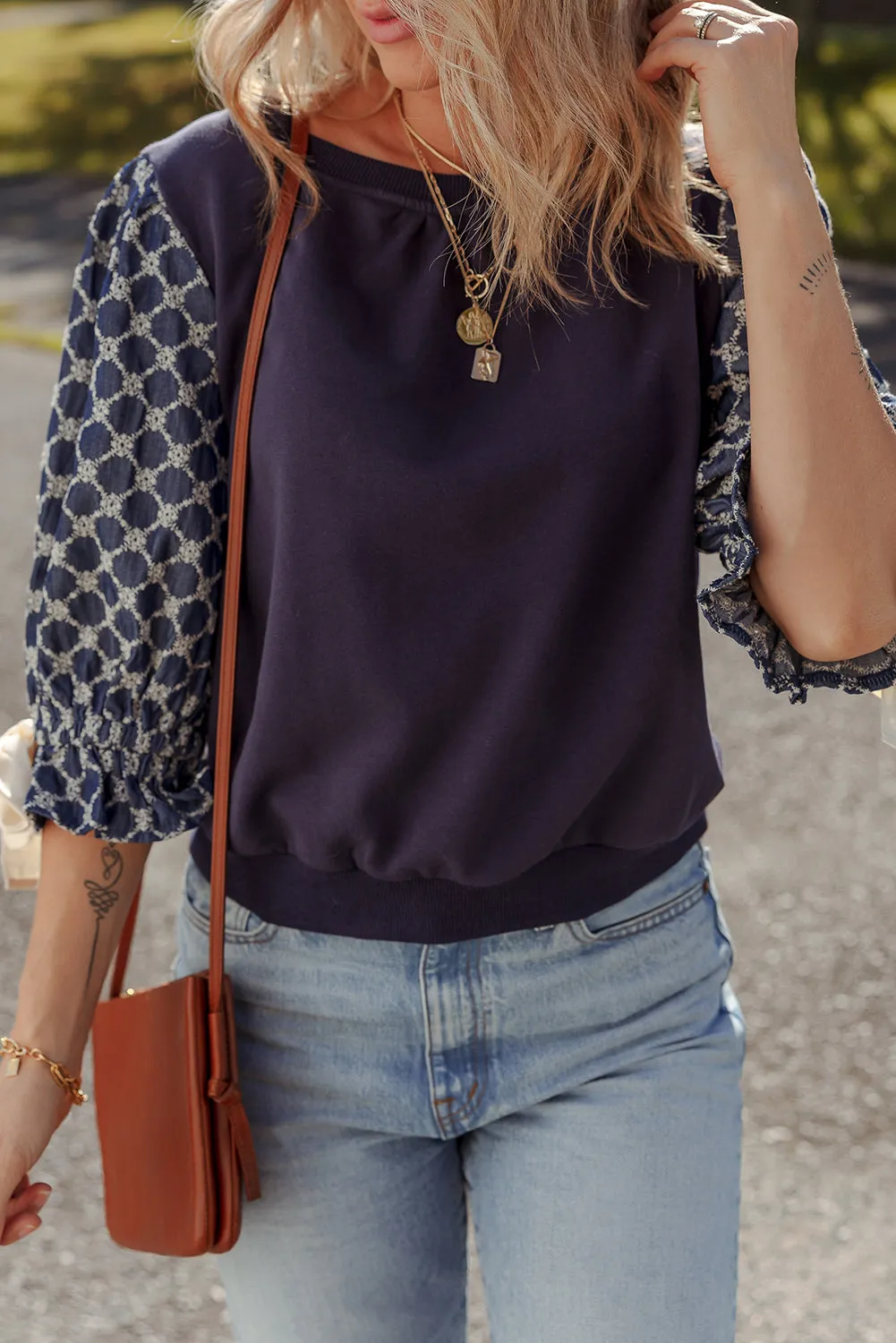 Blue Bow Decor Geometric Print 3/4 Sleeve Patchwork Blouse