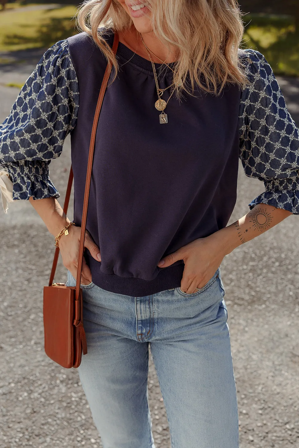 Blue Bow Decor Geometric Print 3/4 Sleeve Patchwork Blouse