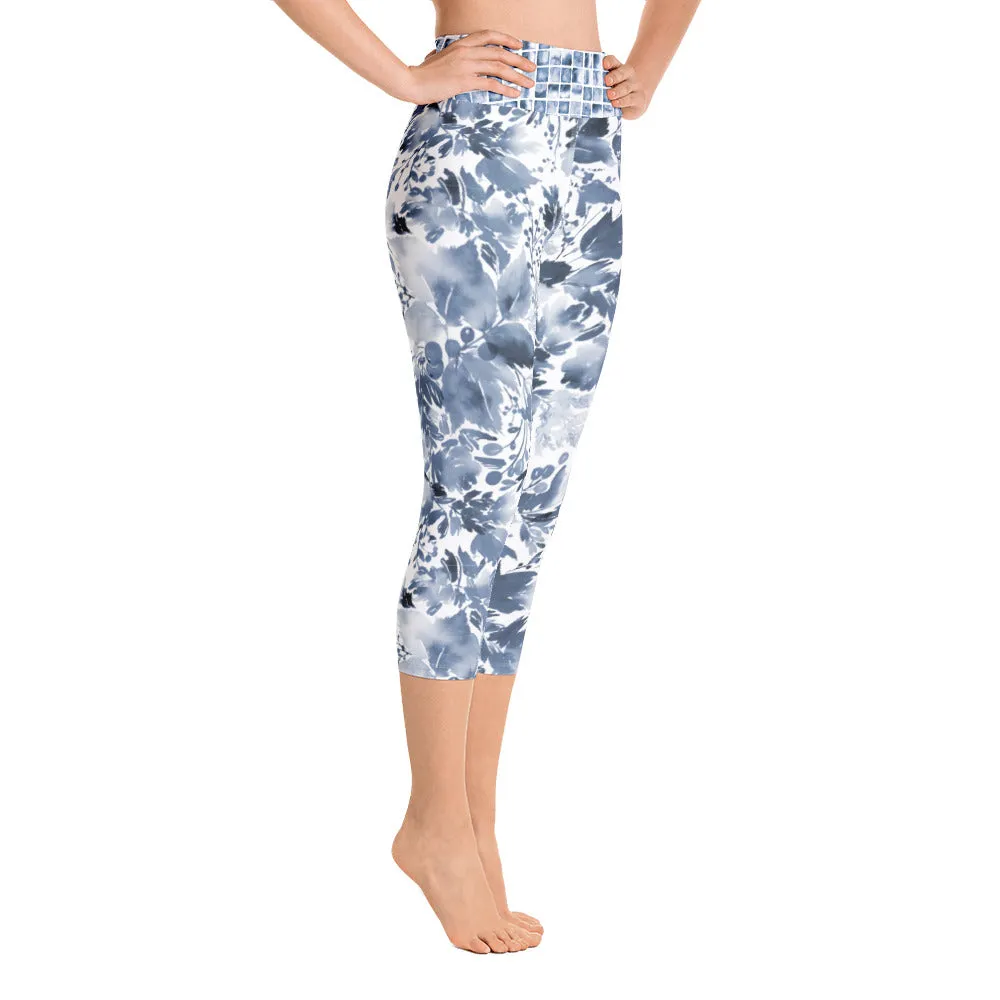 Blue Watercolor Floral - Yoga Capri Leggings