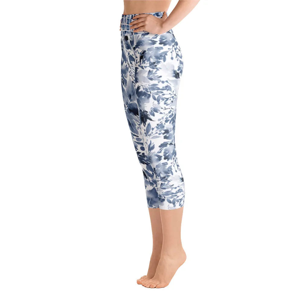 Blue Watercolor Floral - Yoga Capri Leggings