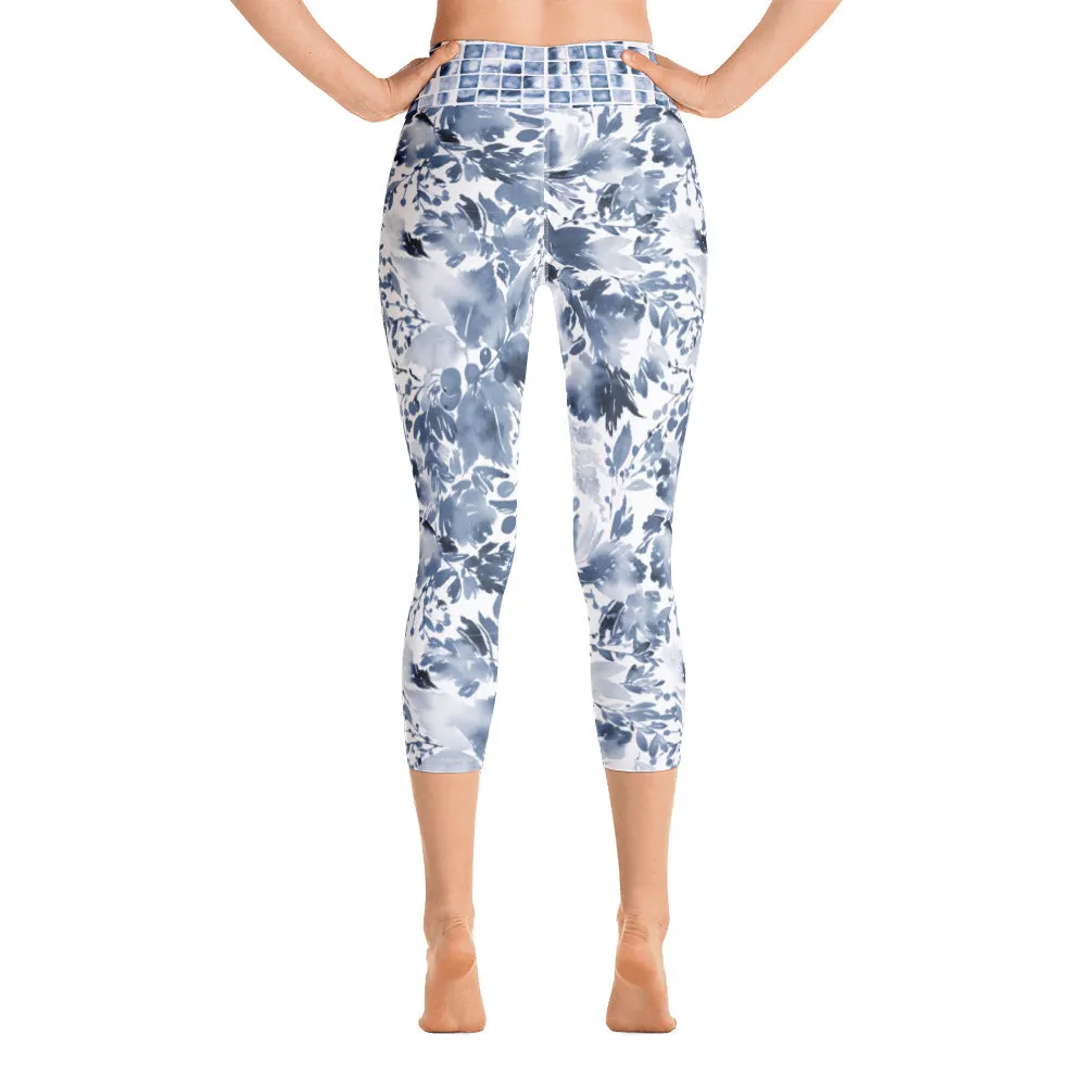 Blue Watercolor Floral - Yoga Capri Leggings