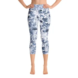 Blue Watercolor Floral - Yoga Capri Leggings