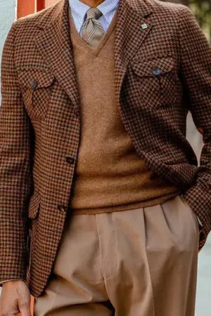 British Houndstooth Print Multi-pocket Jacket