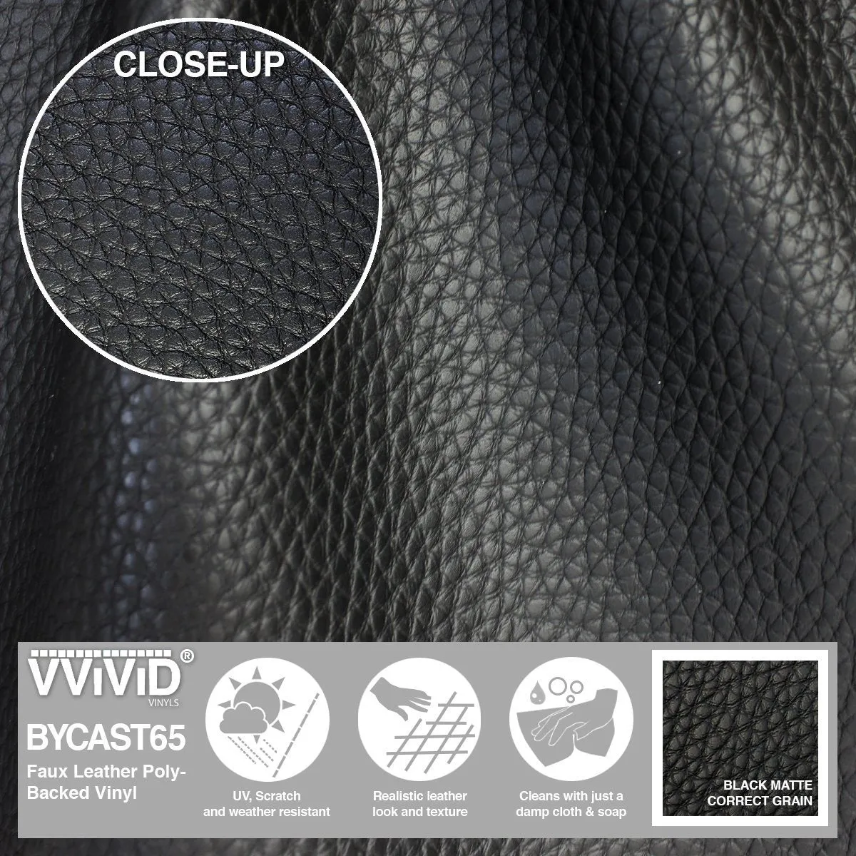 Bycast65 Black Matte Correct-Grain Pattern Faux Leather Marine Vinyl Fabric