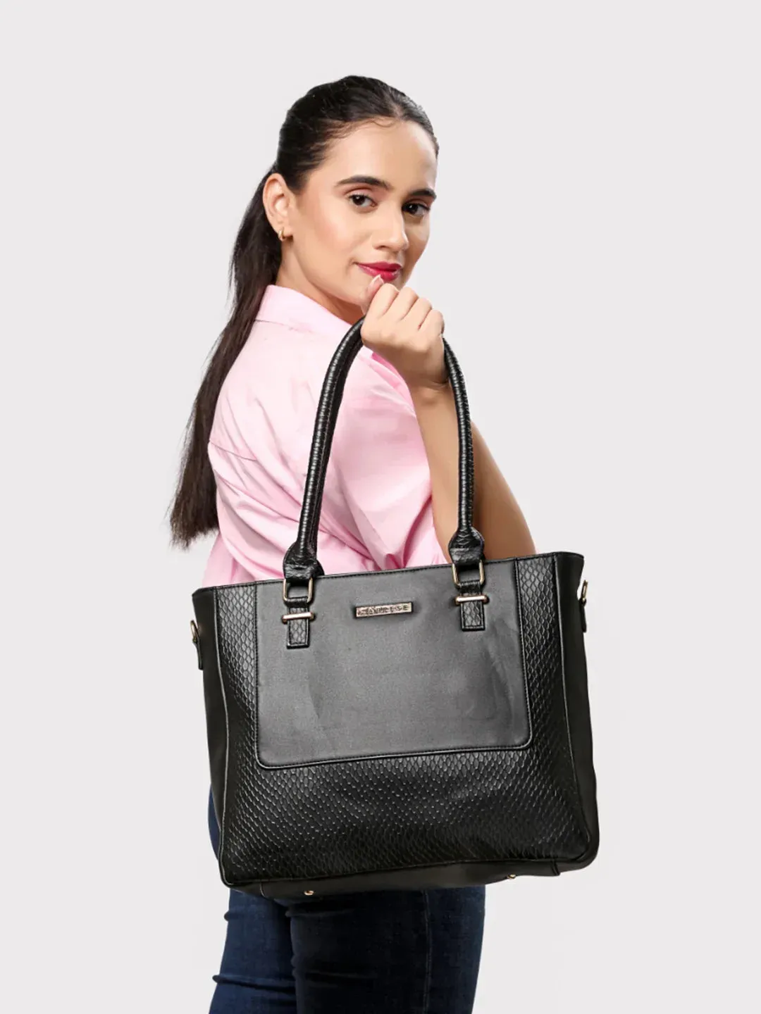 Caprese Fiona Large Black Office Tote Bag