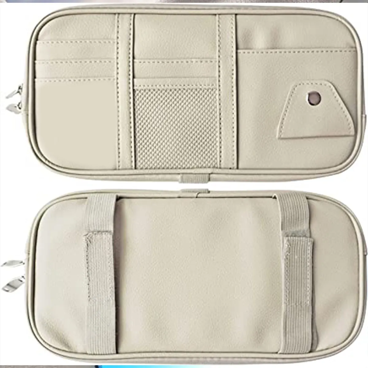 Car Sun Visor Organizer Truck SUV Sun Visor Storage Pocket PU Leather Pouch Holder with Multi-Pocket Double Zipper Net Pocket, for Cards Pens Sunglasses Document Newest, Custom fit for Car
