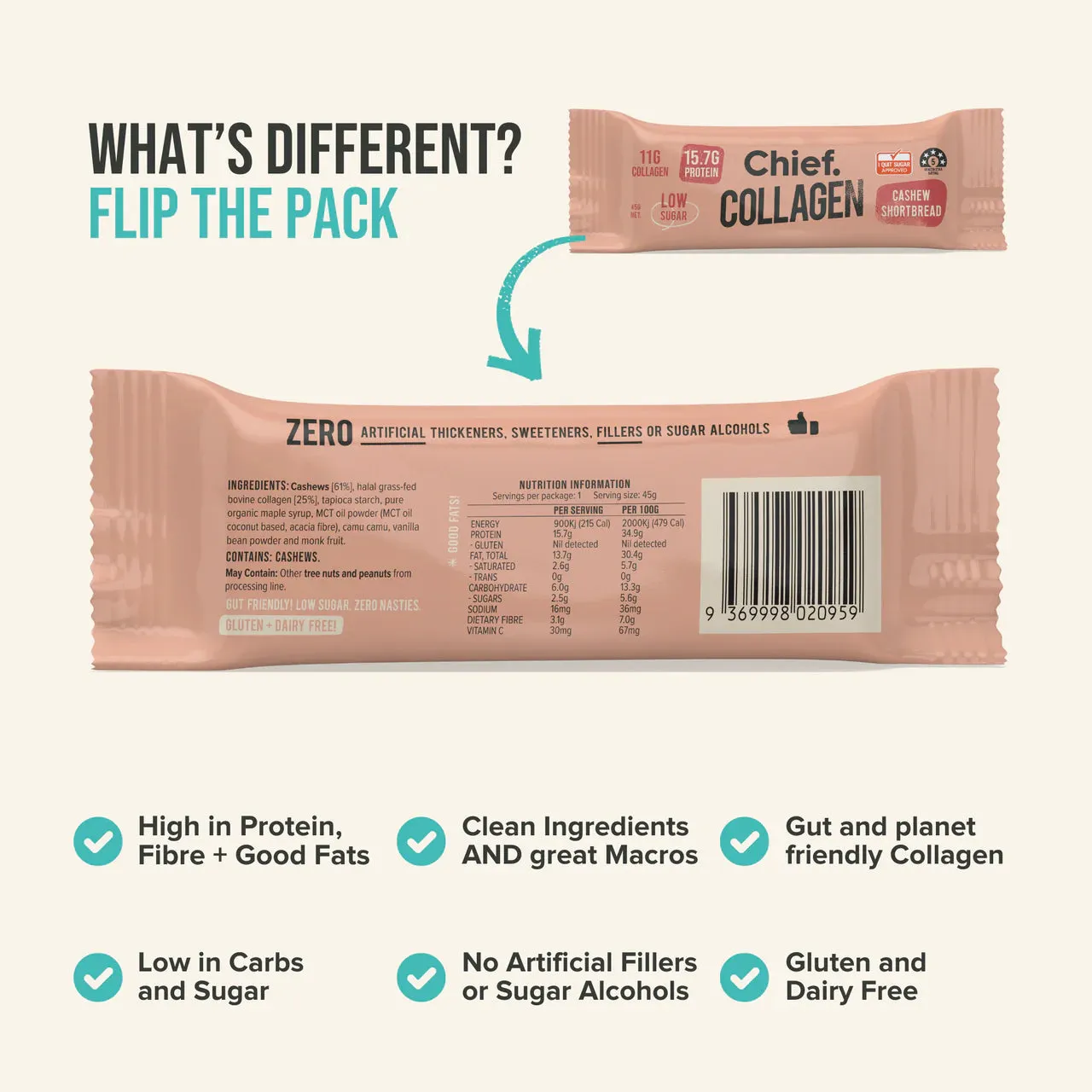 Chief Collagen Cashew Shortbread Protein Bars (12 Bars)